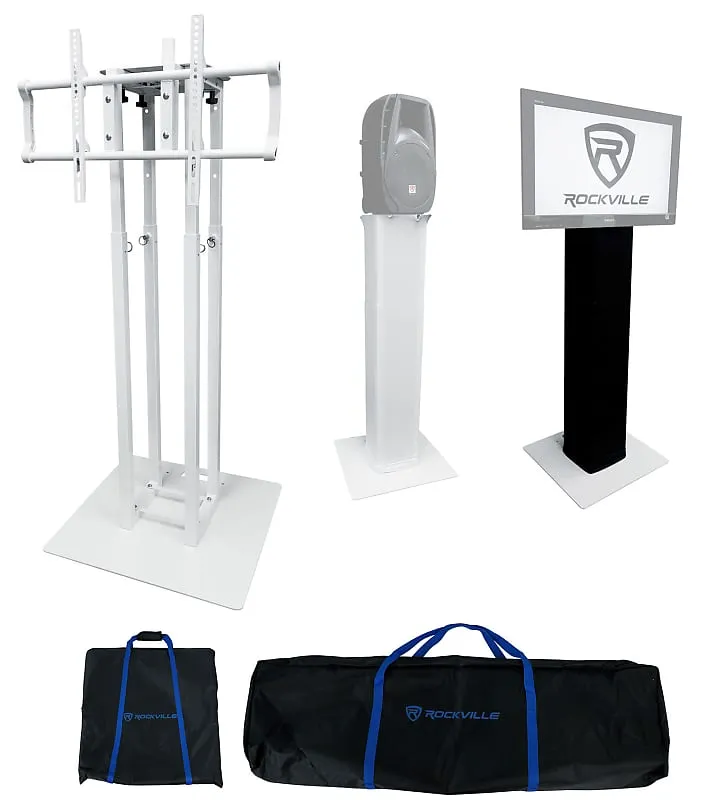 (2) Rockville RTP33-TV White/Black Totem DJ Speaker/Lighting Stands with TV Mount (2) RTP33-TV (2) BLACK TOTEM PLATES