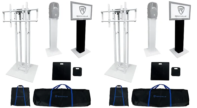 (2) Rockville RTP33-TV White/Black Totem DJ Speaker/Lighting Stands with TV Mount (2) RTP33-TV (2) BLACK TOTEM PLATES