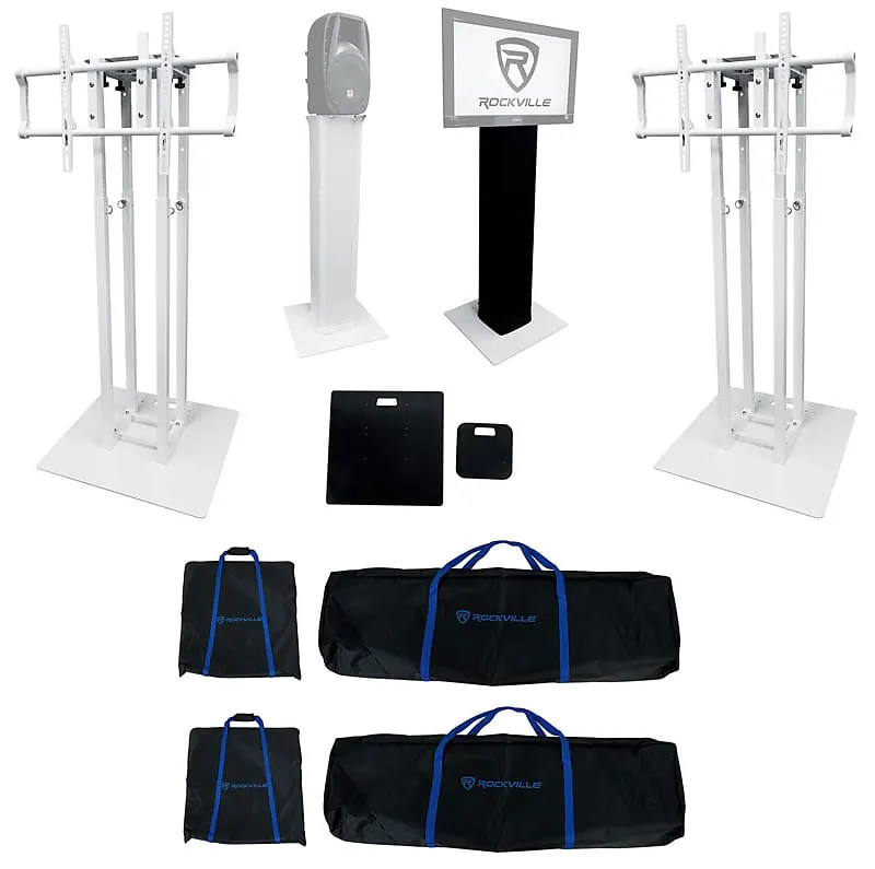 (2) Rockville RTP33-TV White/Black Totem DJ Speaker/Lighting Stands with TV Mount (2) RTP33-TV (2) BLACK TOTEM PLATES