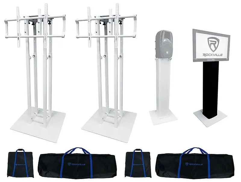 (2) Rockville RTP33-TV White/Black Totem DJ Speaker/Lighting Stands with TV Mount (2) RTP33-TV (2) BLACK TOTEM PLATES