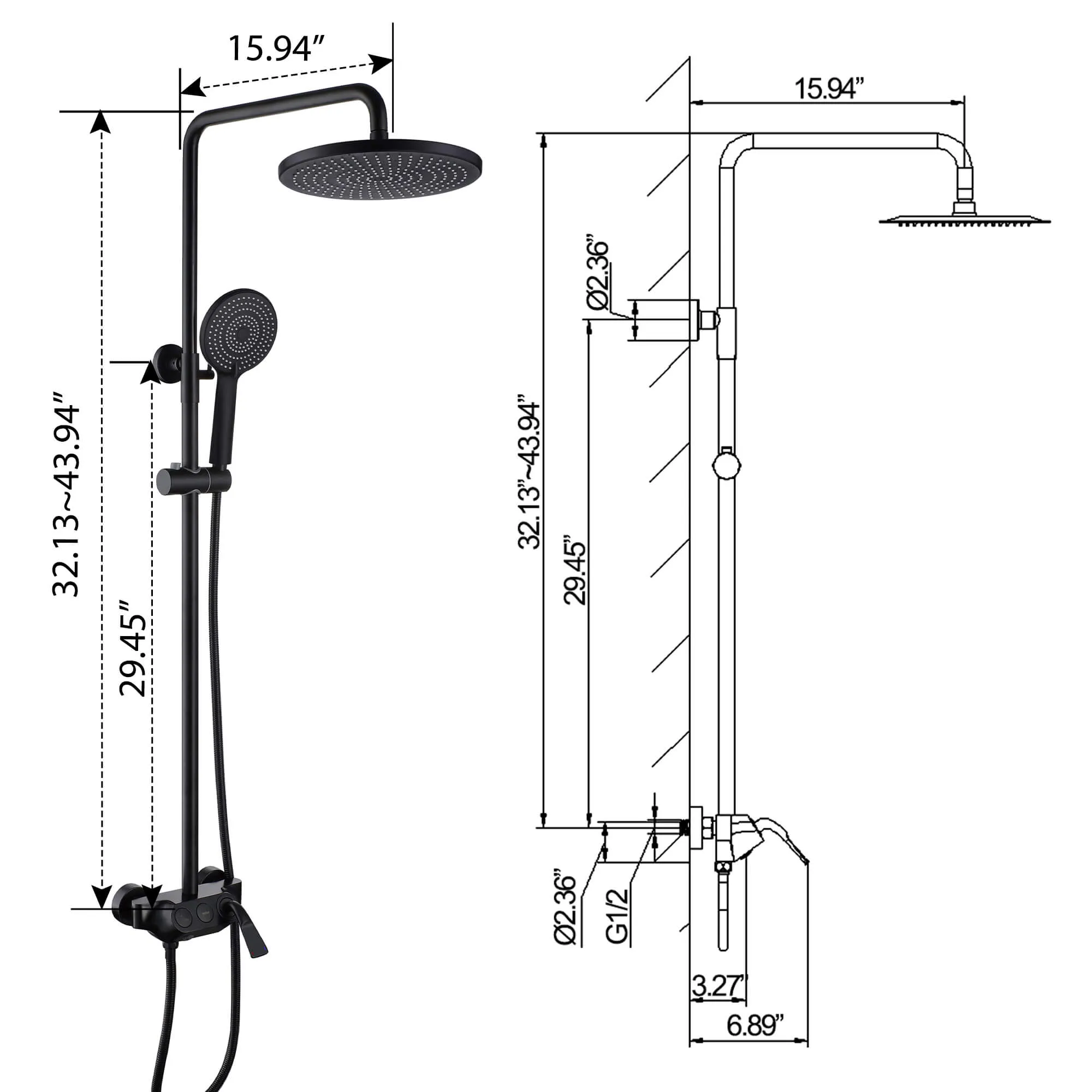 3-Function Shower Faucet Brass Exposed Shower System Matte Black RB1041