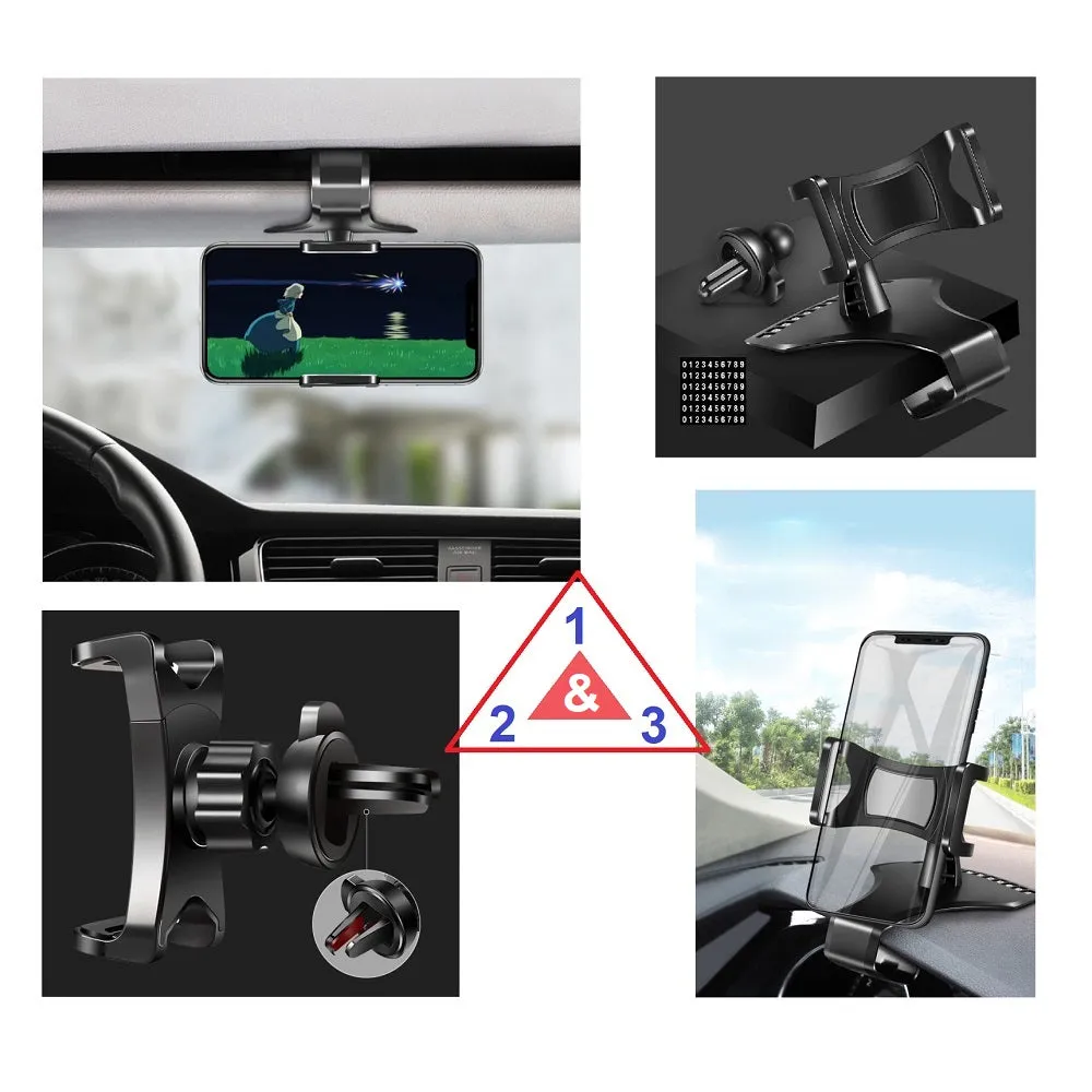 3 in 1 Car GPS Smartphone Holder: Dashboard / Visor Clamp   AC Grid Clip for Intex Aqua Strong 5.1  - Black