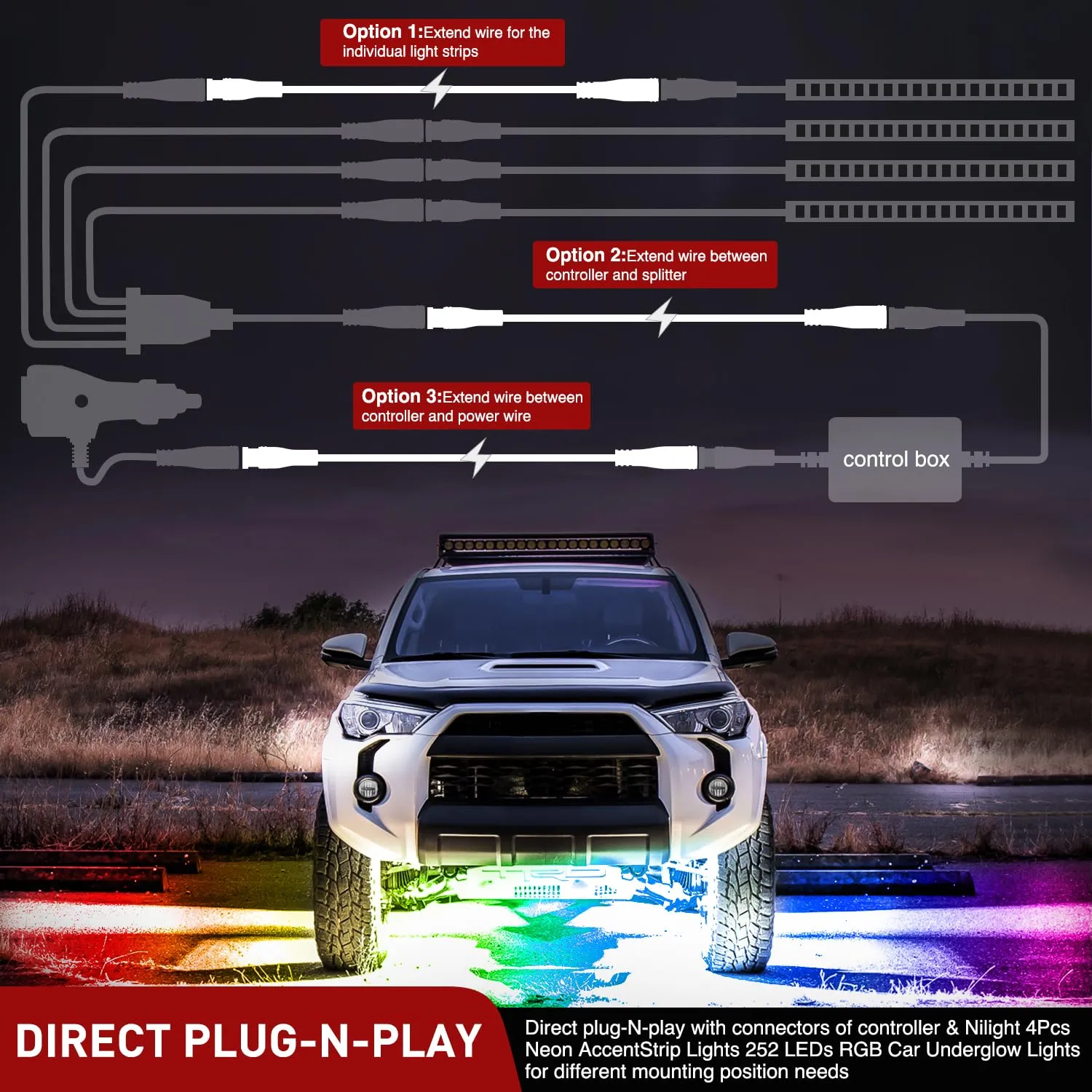 4Pin RGB Underglow Light Extension Wire 2Pcs