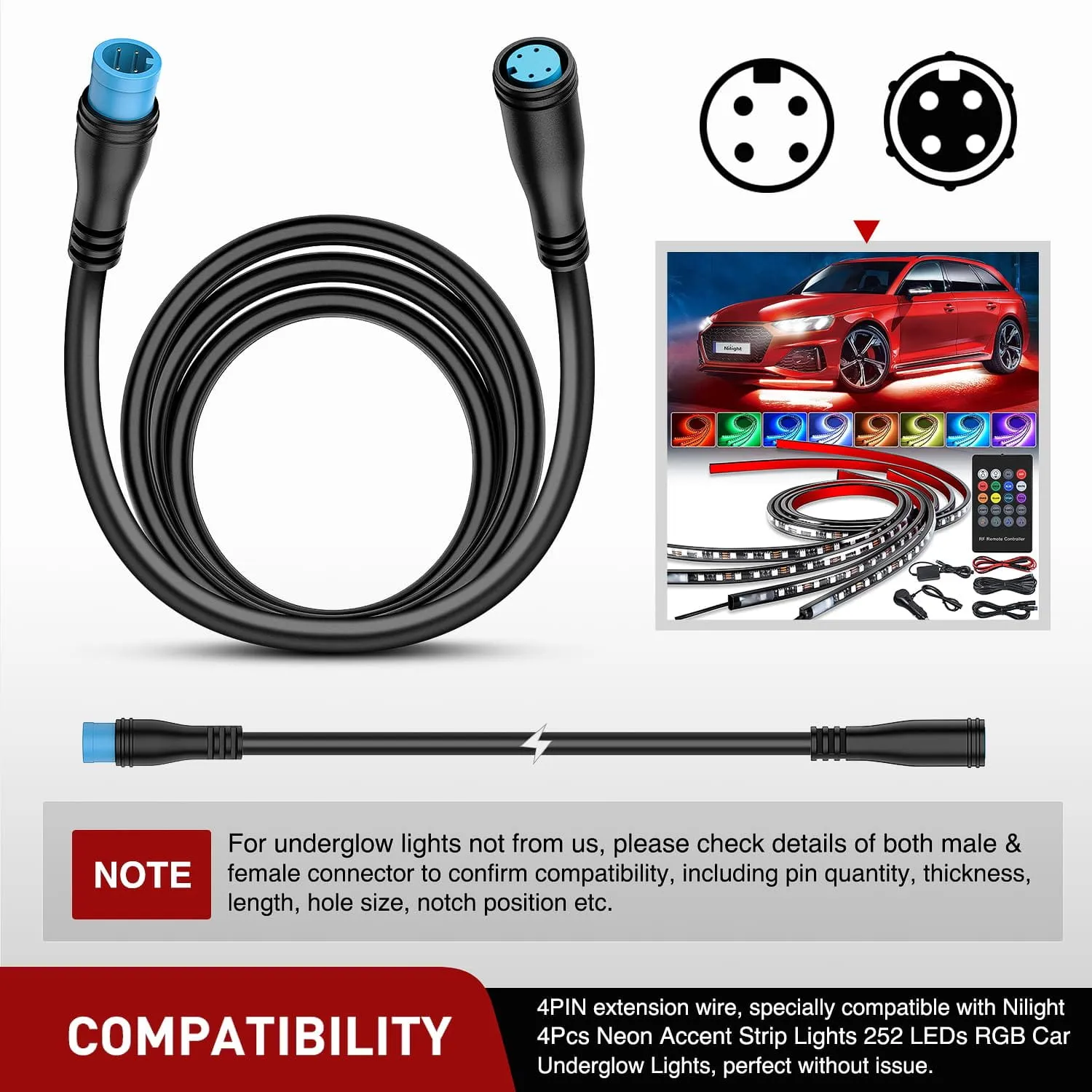 4Pin RGB Underglow Light Extension Wire 2Pcs