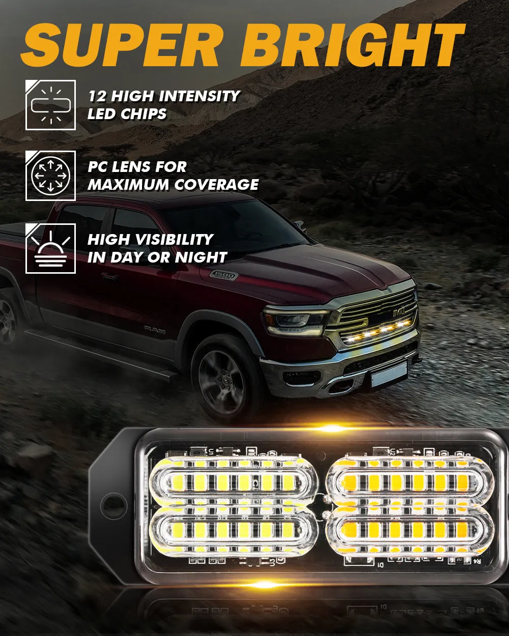 (4PSC/SET) 24LED Emergency Surface Mount Grill Strobe Light for Trucks Vehicles ATV RV Cars Van