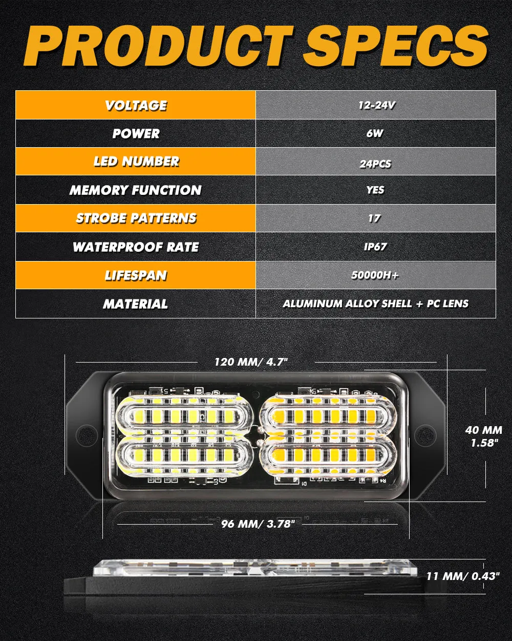 (4PSC/SET) 24LED Emergency Surface Mount Grill Strobe Light for Trucks Vehicles ATV RV Cars Van