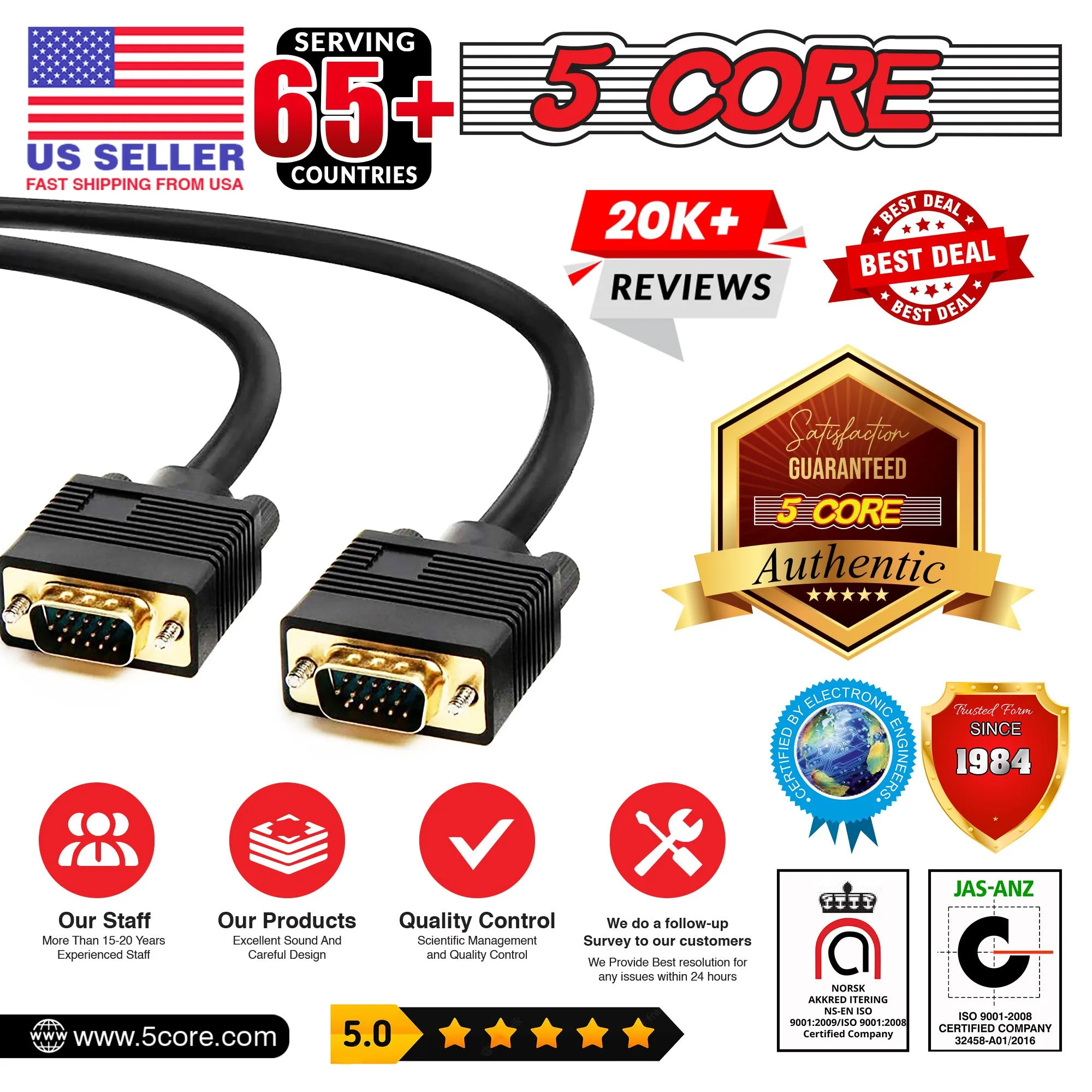 5 Core 3 Feet SVGA VGA Computer Monitor Cable Male to Male 1080p High Resolution - VGA 1001