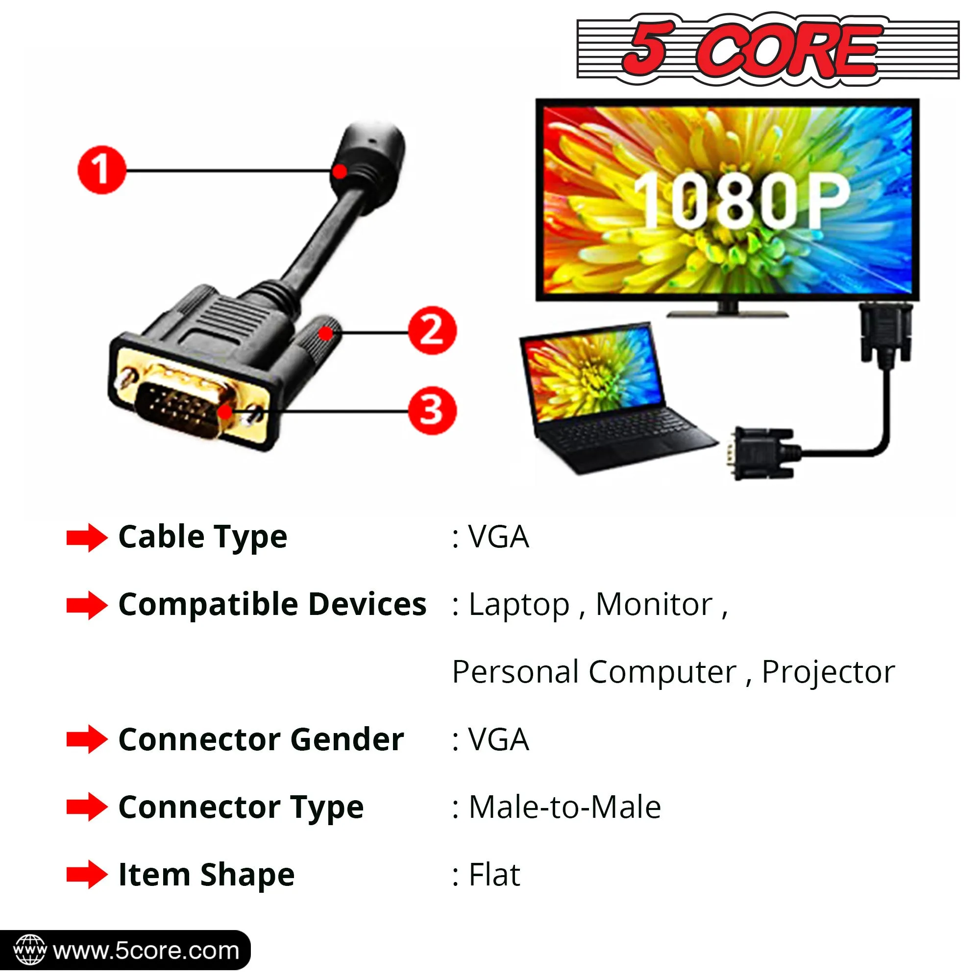 5 Core 3 Feet SVGA VGA Computer Monitor Cable Male to Male 1080p High Resolution - VGA 1001