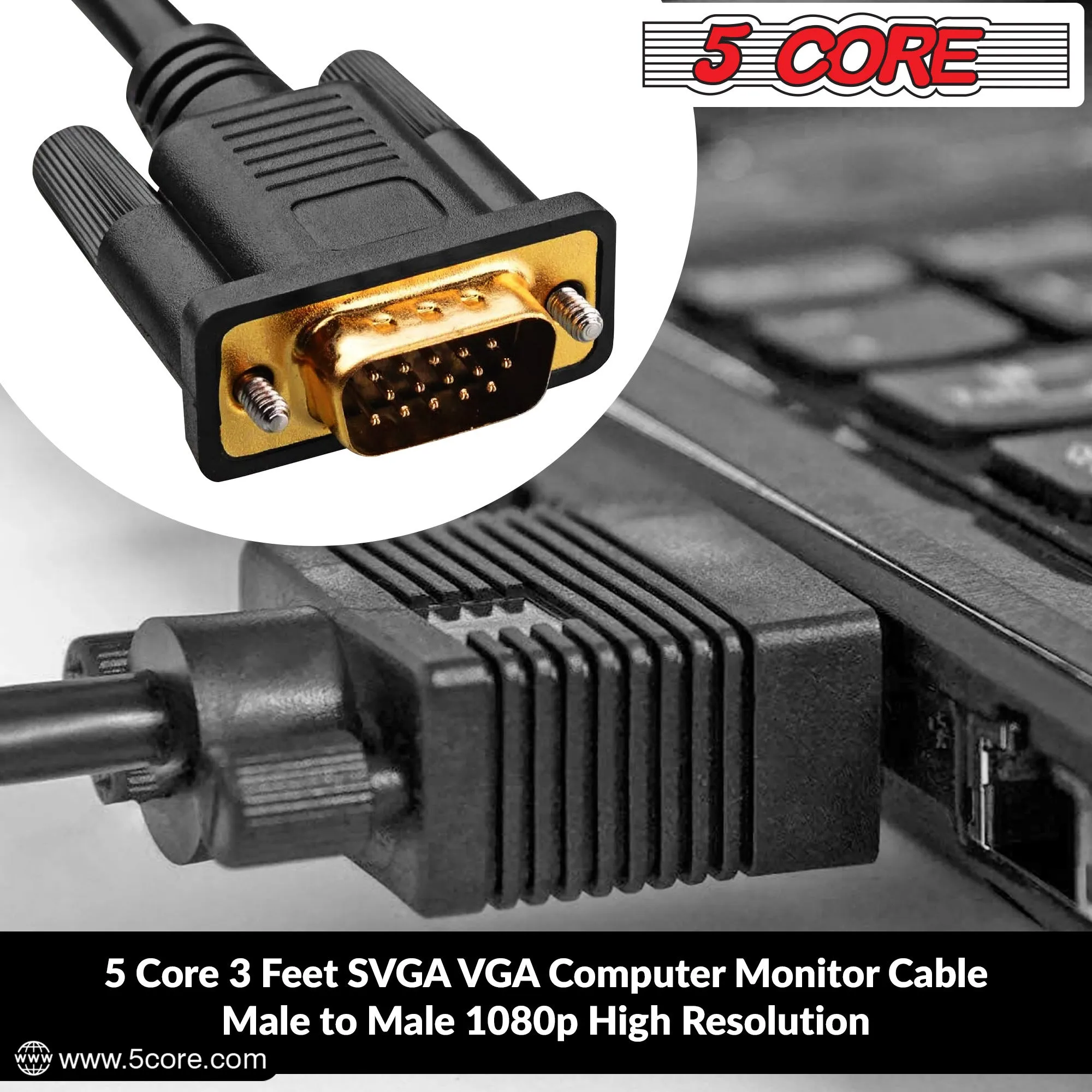 5 Core 3 Feet SVGA VGA Computer Monitor Cable Male to Male 1080p High Resolution - VGA 1001