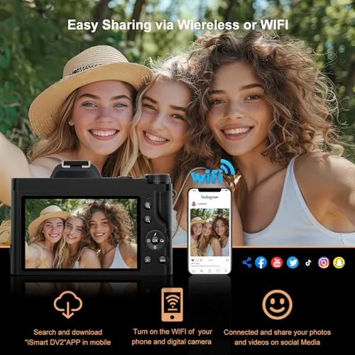 5K Digital Camera for Photography, WiFi Auto Focus Vlogging Video Camera for YouTube with 32GB SD Card, 6-axis Anti-shake 3.5" Screen Fill Light 5K Camera with 58mm UV Filter, 16X Digital Zoom Camera