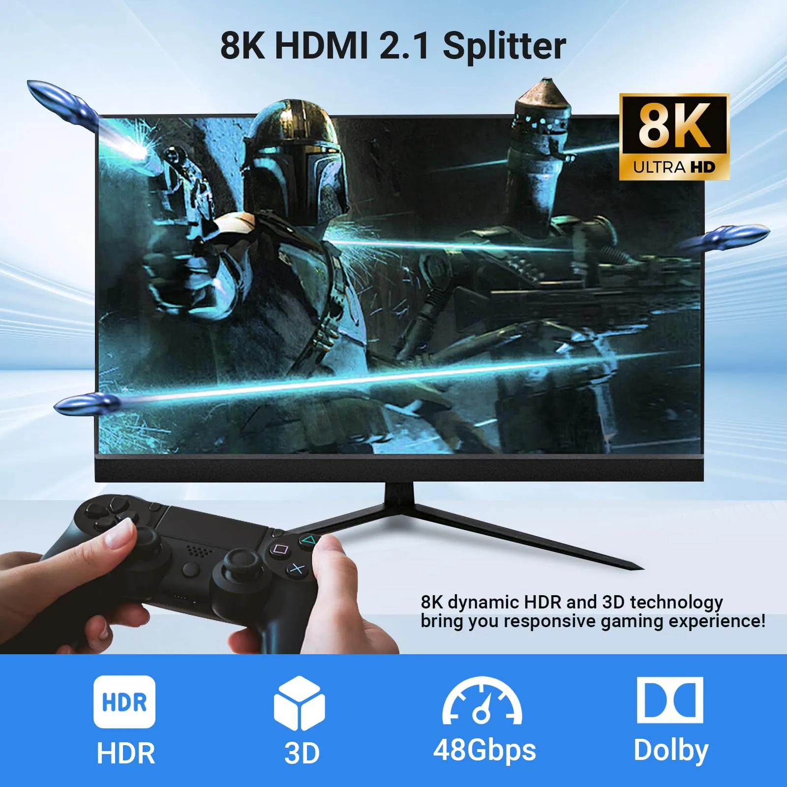 8K 60Hz HDMI Splitter 1 in 4 Out Extended Display, 1x4 HDMI Splitter 48Gbps Distributor Box Support 3D HDR HDCP 2.3 for HDTV,Fire Stick,PS5,Xbox,Blu Ray(1 Source onto 4 Displays)