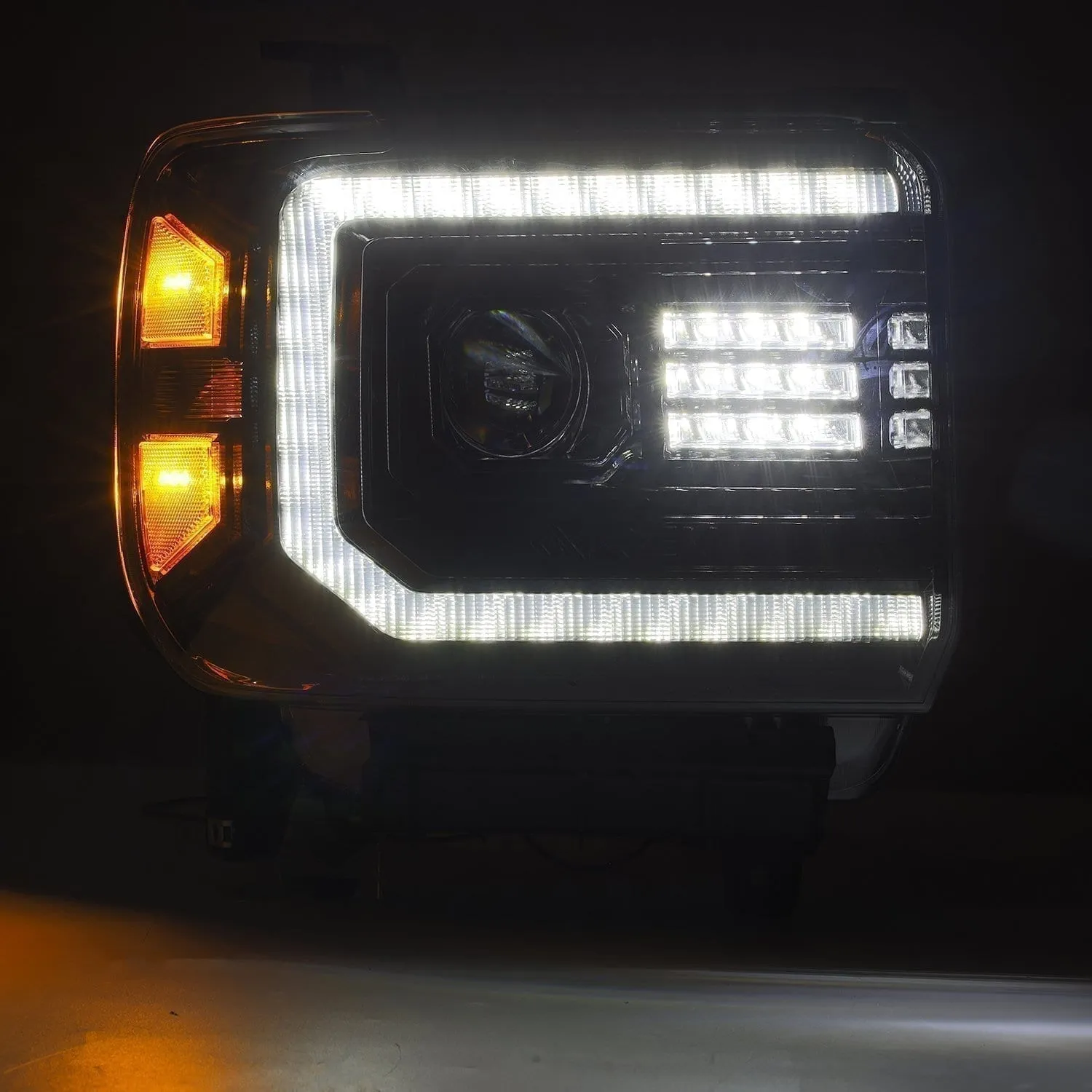 AlphaRex Headlights GMC Sierra (14-18) Dual LED Projector LUXX Series w/ Sequential Turn Signal - Alpha Black / Black