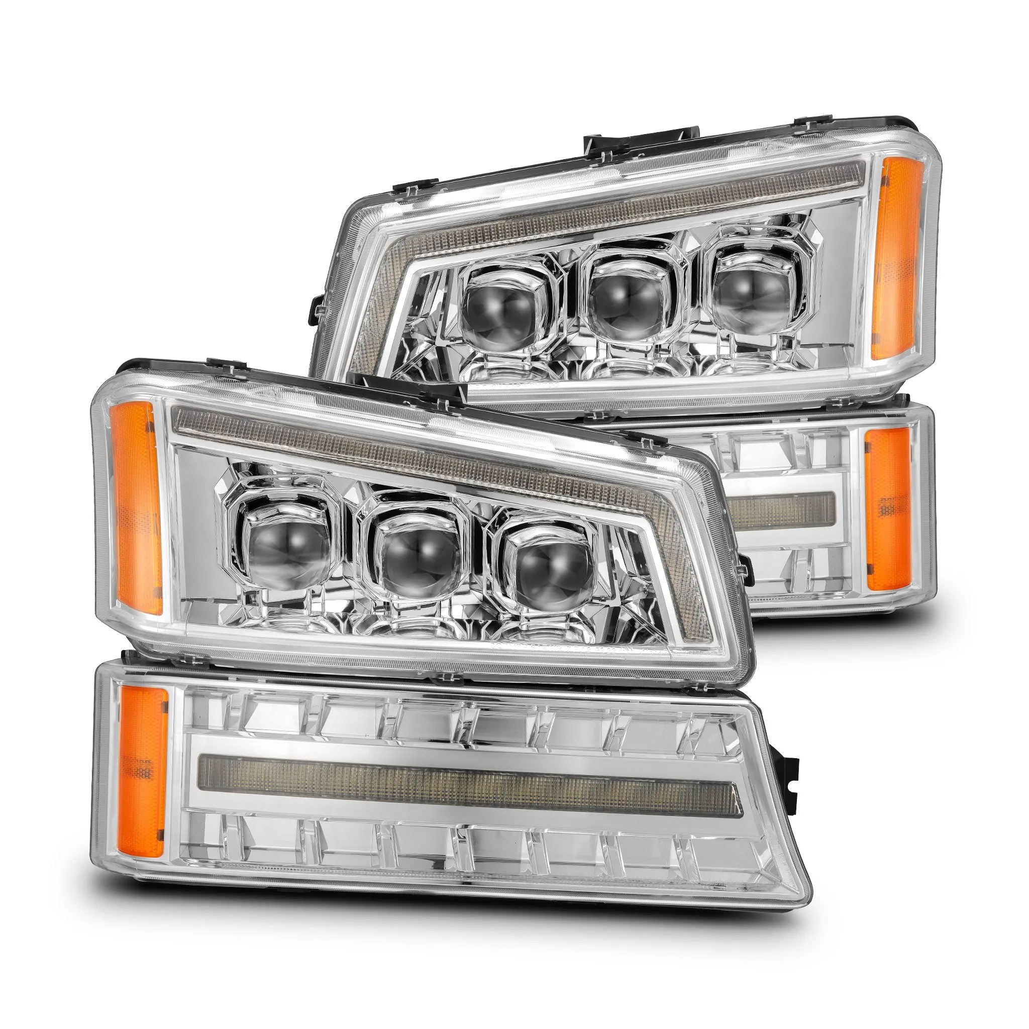AlphaRex LED Projector Headlights Chevy Silverado w/o Body Cladding (03-06) [3D Ice-Cube LED - NOVA Series w/ DRL] Alpha-Black / Chrome / Black