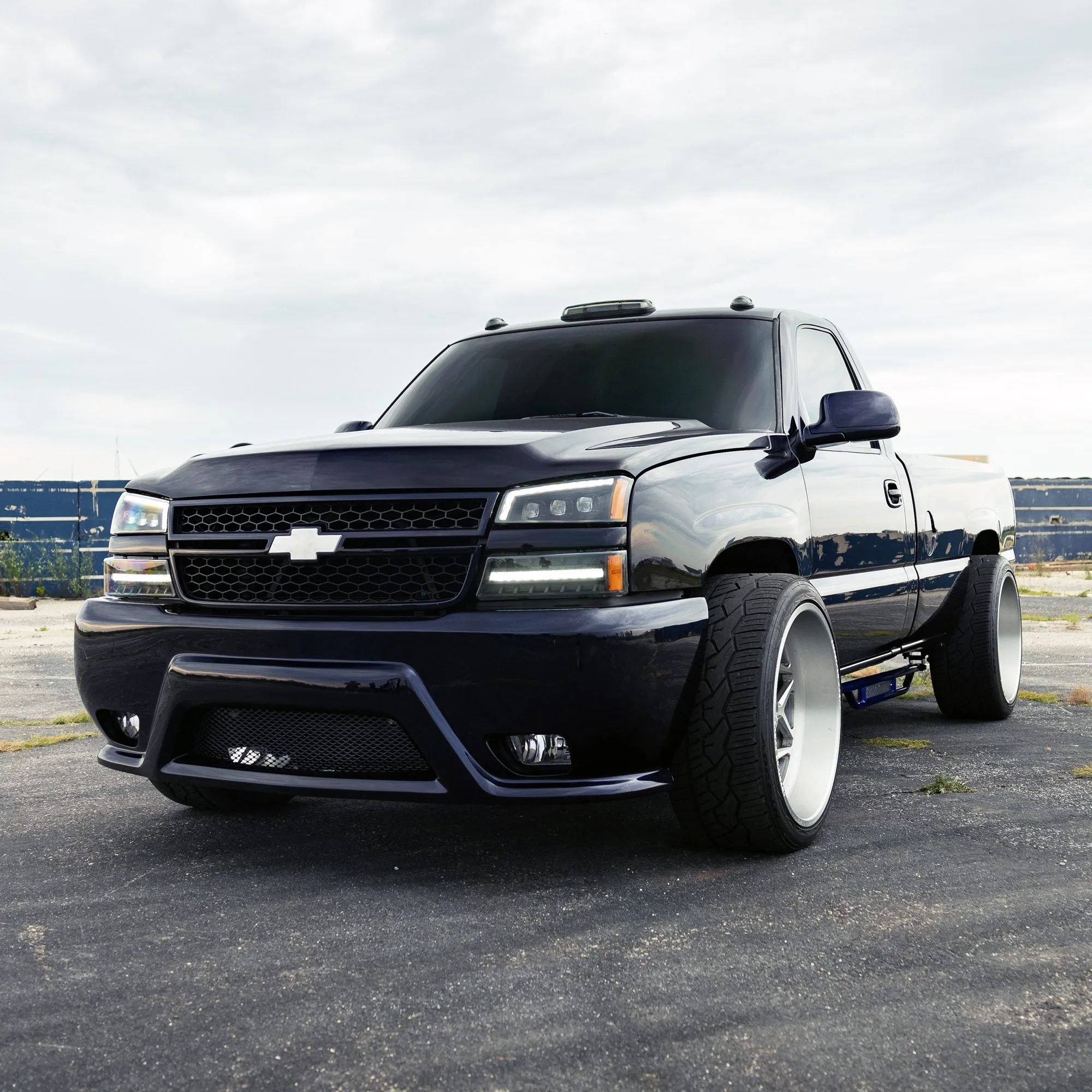 AlphaRex LED Projector Headlights Chevy Silverado w/o Body Cladding (03-06) [3D Ice-Cube LED - NOVA Series w/ DRL] Alpha-Black / Chrome / Black