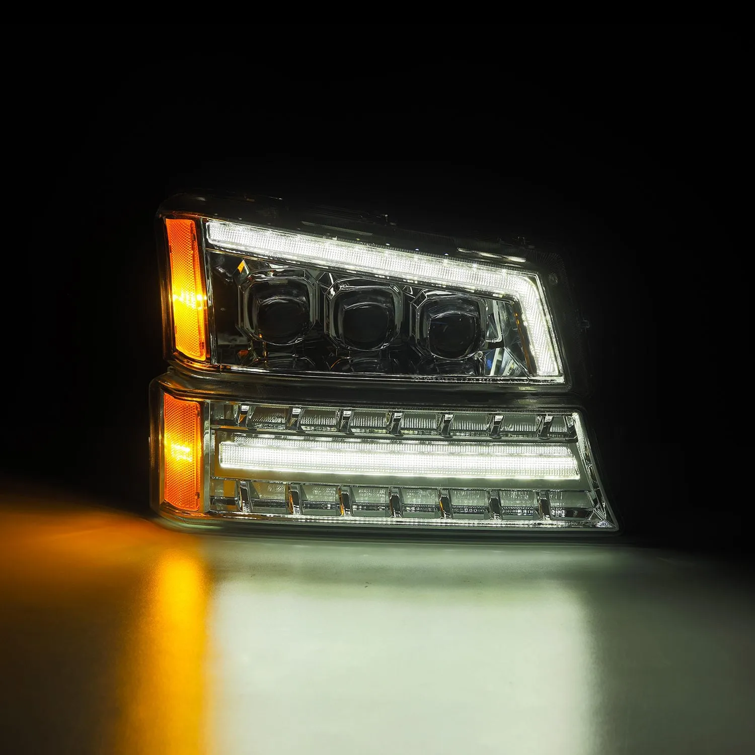 AlphaRex LED Projector Headlights Chevy Silverado w/o Body Cladding (03-06) [3D Ice-Cube LED - NOVA Series w/ DRL] Alpha-Black / Chrome / Black