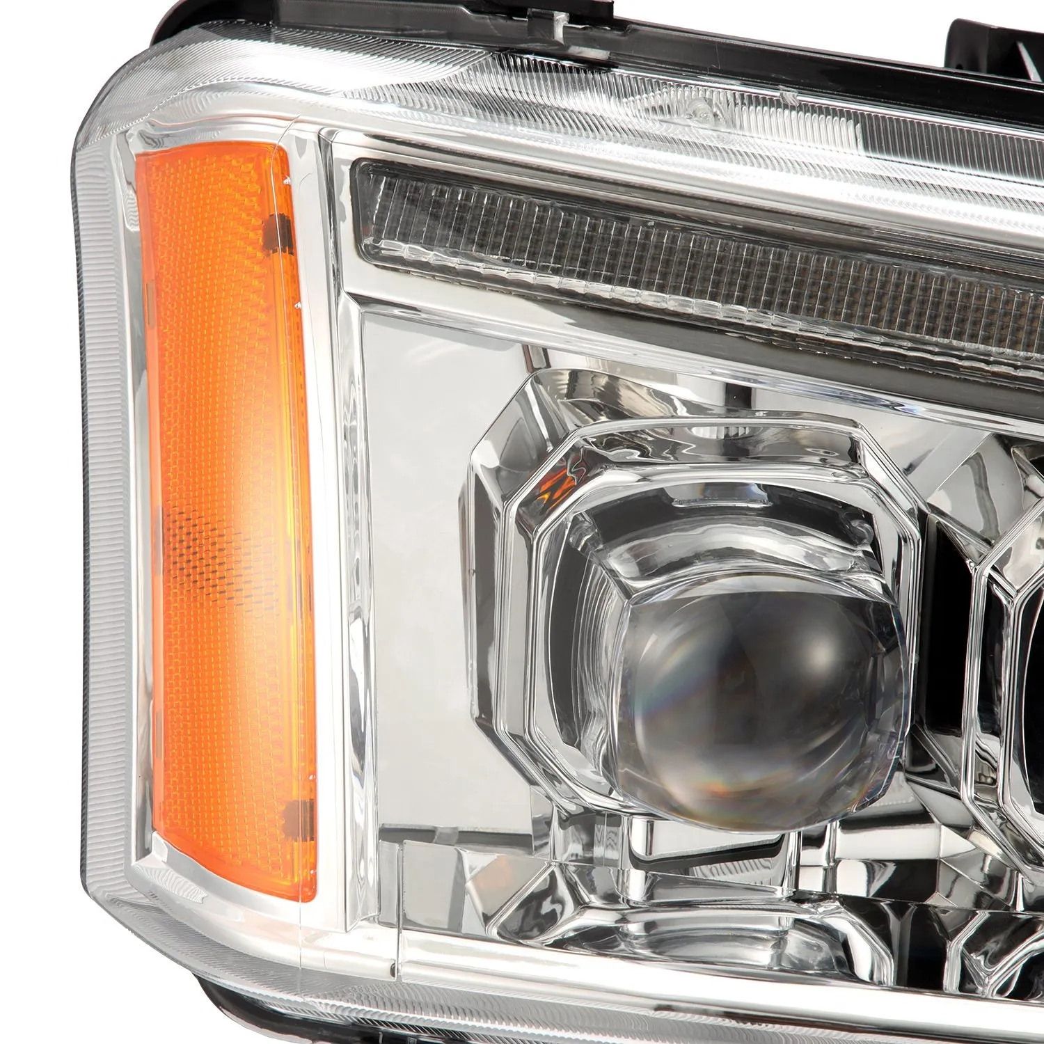 AlphaRex LED Projector Headlights Chevy Silverado w/o Body Cladding (03-06) [3D Ice-Cube LED - NOVA Series w/ DRL] Alpha-Black / Chrome / Black