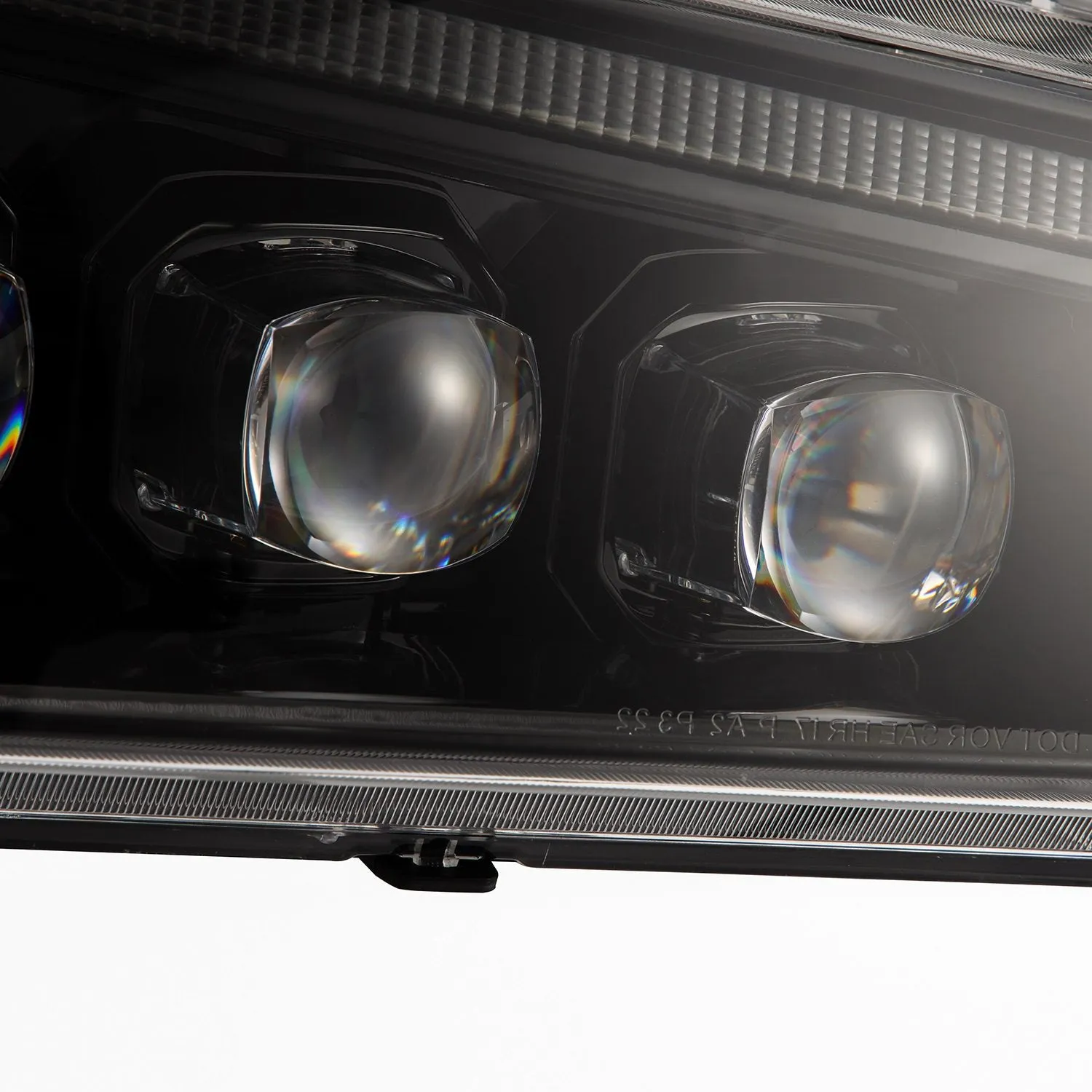AlphaRex LED Projector Headlights Chevy Silverado w/o Body Cladding (03-06) [3D Ice-Cube LED - NOVA Series w/ DRL] Alpha-Black / Chrome / Black
