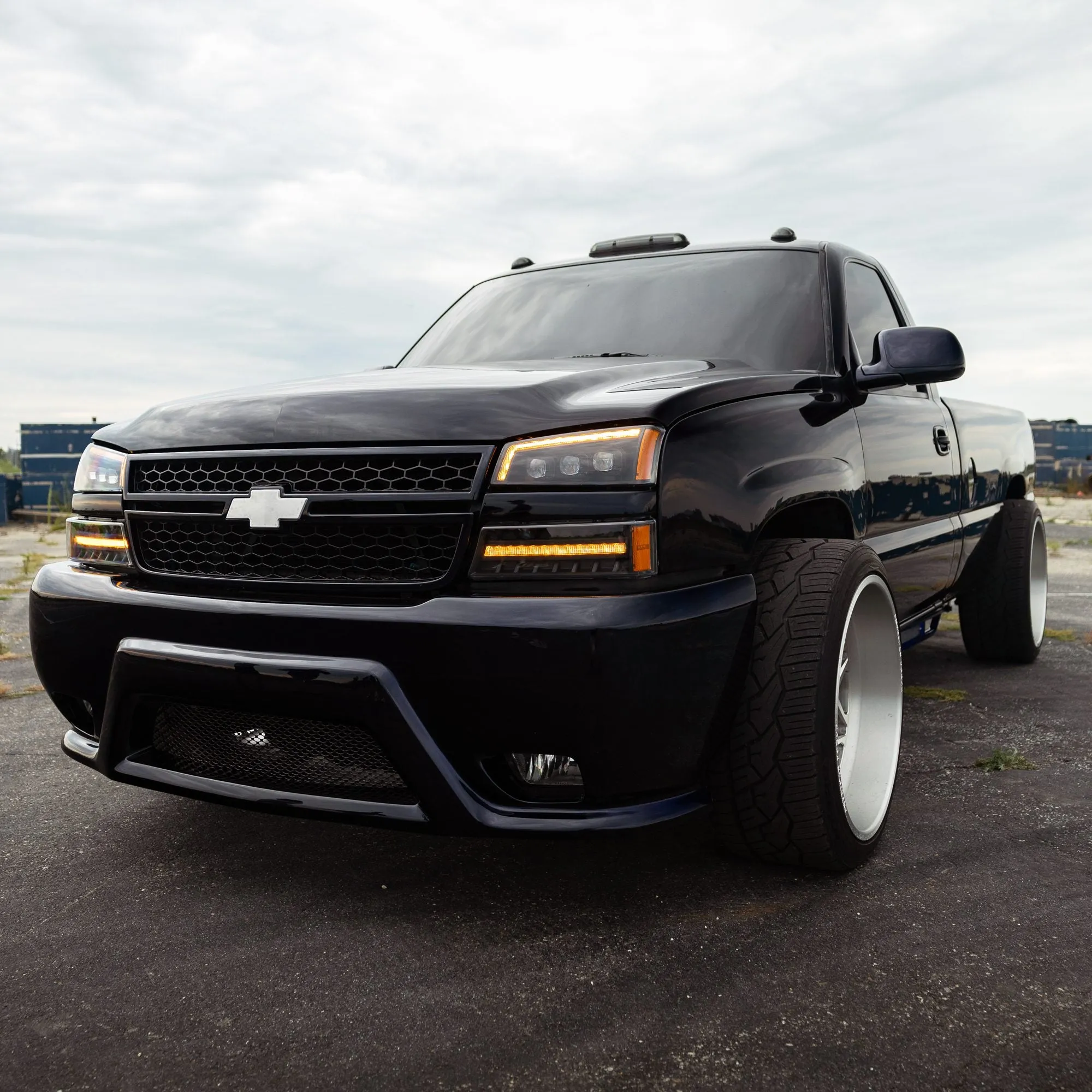AlphaRex LED Projector Headlights Chevy Silverado w/o Body Cladding (03-06) [3D Ice-Cube LED - NOVA Series w/ DRL] Alpha-Black / Chrome / Black