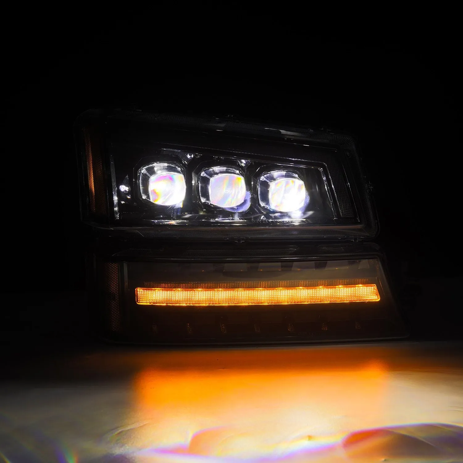AlphaRex LED Projector Headlights Chevy Silverado w/o Body Cladding (03-06) [3D Ice-Cube LED - NOVA Series w/ DRL] Alpha-Black / Chrome / Black