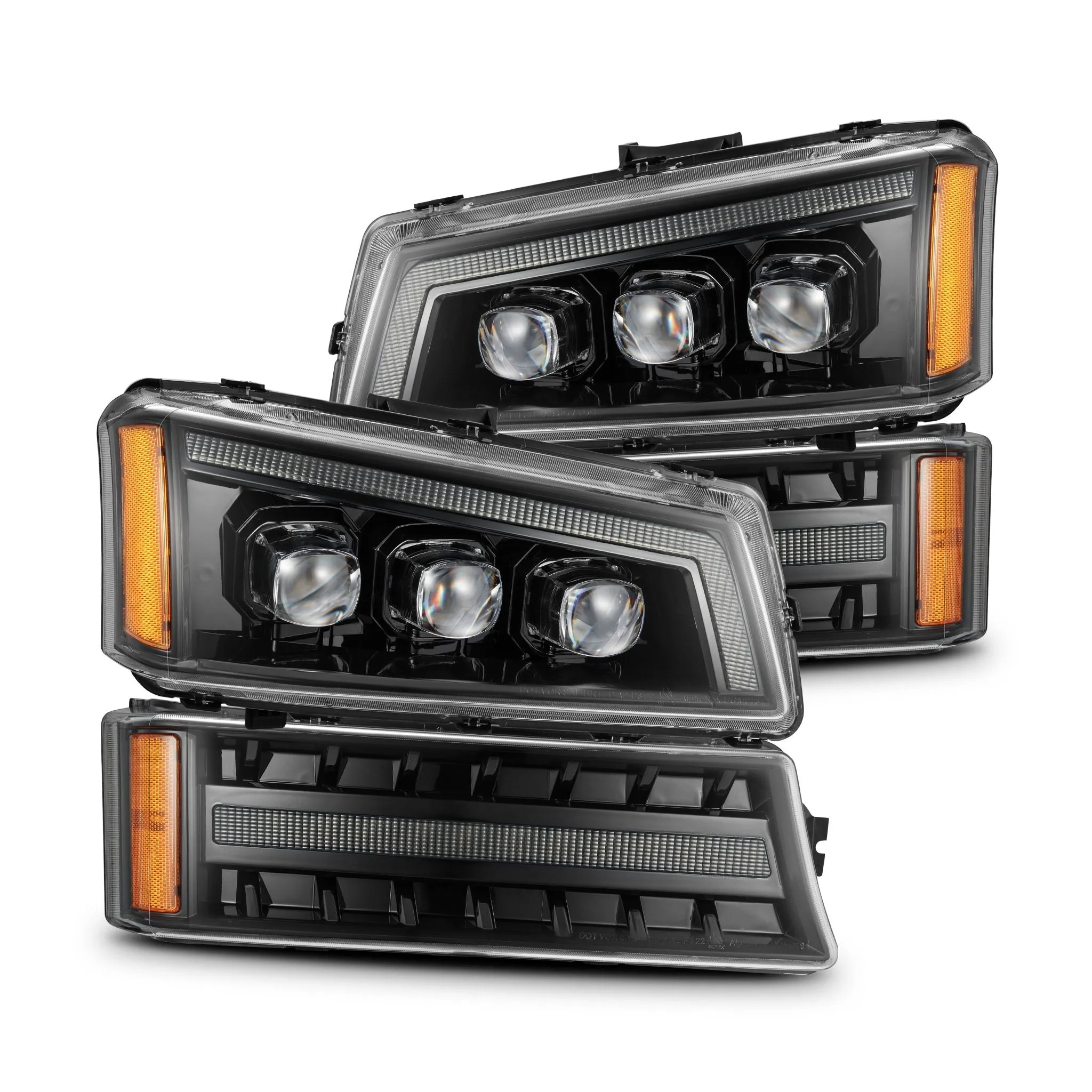 AlphaRex LED Projector Headlights Chevy Silverado w/o Body Cladding (03-06) [3D Ice-Cube LED - NOVA Series w/ DRL] Alpha-Black / Chrome / Black