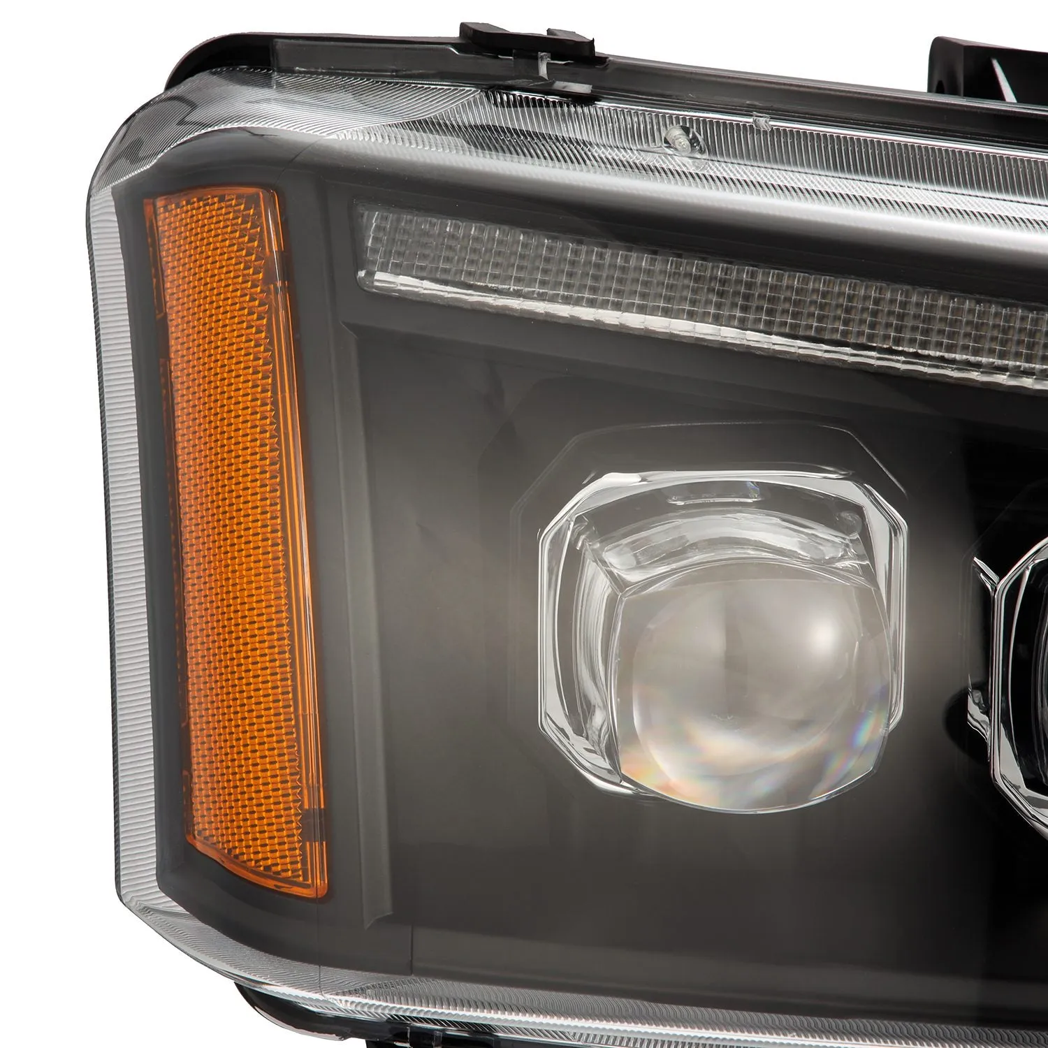 AlphaRex LED Projector Headlights Chevy Silverado w/o Body Cladding (03-06) [3D Ice-Cube LED - NOVA Series w/ DRL] Alpha-Black / Chrome / Black