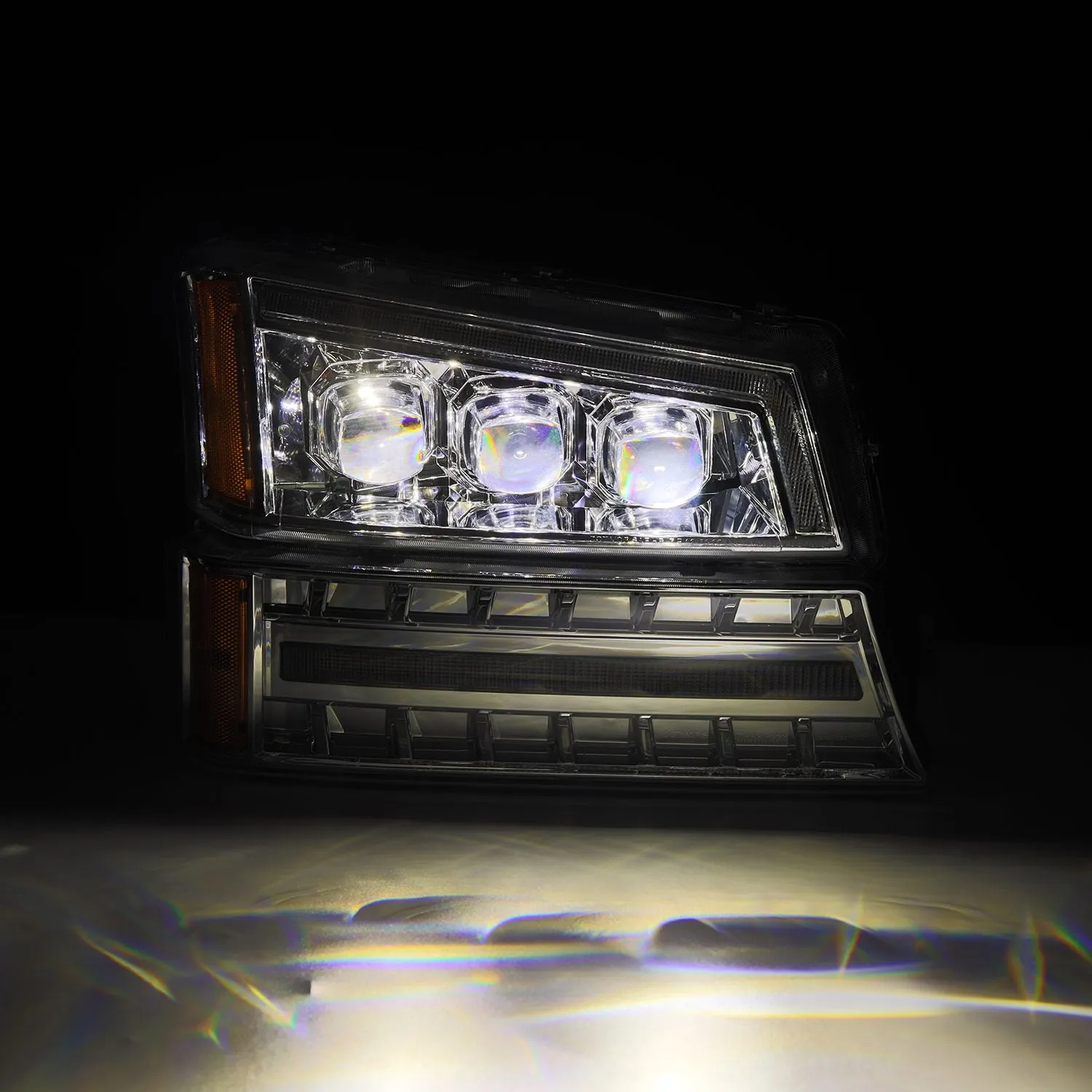 AlphaRex LED Projector Headlights Chevy Silverado w/o Body Cladding (03-06) [3D Ice-Cube LED - NOVA Series w/ DRL] Alpha-Black / Chrome / Black
