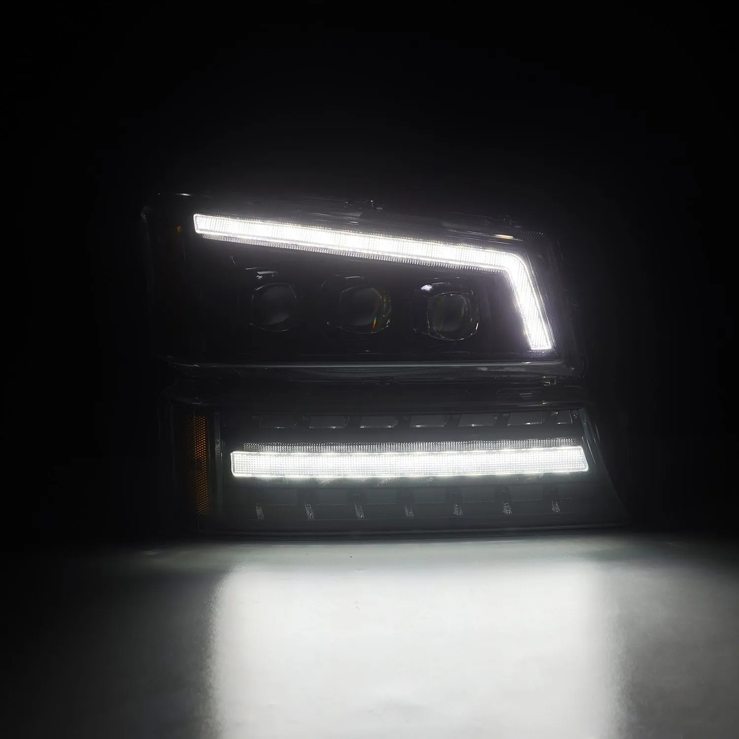 AlphaRex LED Projector Headlights Chevy Silverado w/o Body Cladding (03-06) [3D Ice-Cube LED - NOVA Series w/ DRL] Alpha-Black / Chrome / Black