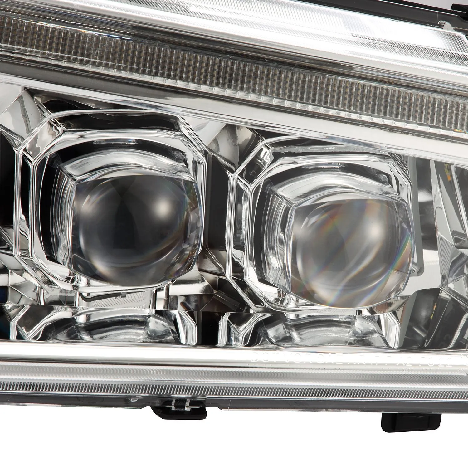 AlphaRex LED Projector Headlights Chevy Silverado w/o Body Cladding (03-06) [3D Ice-Cube LED - NOVA Series w/ DRL] Alpha-Black / Chrome / Black
