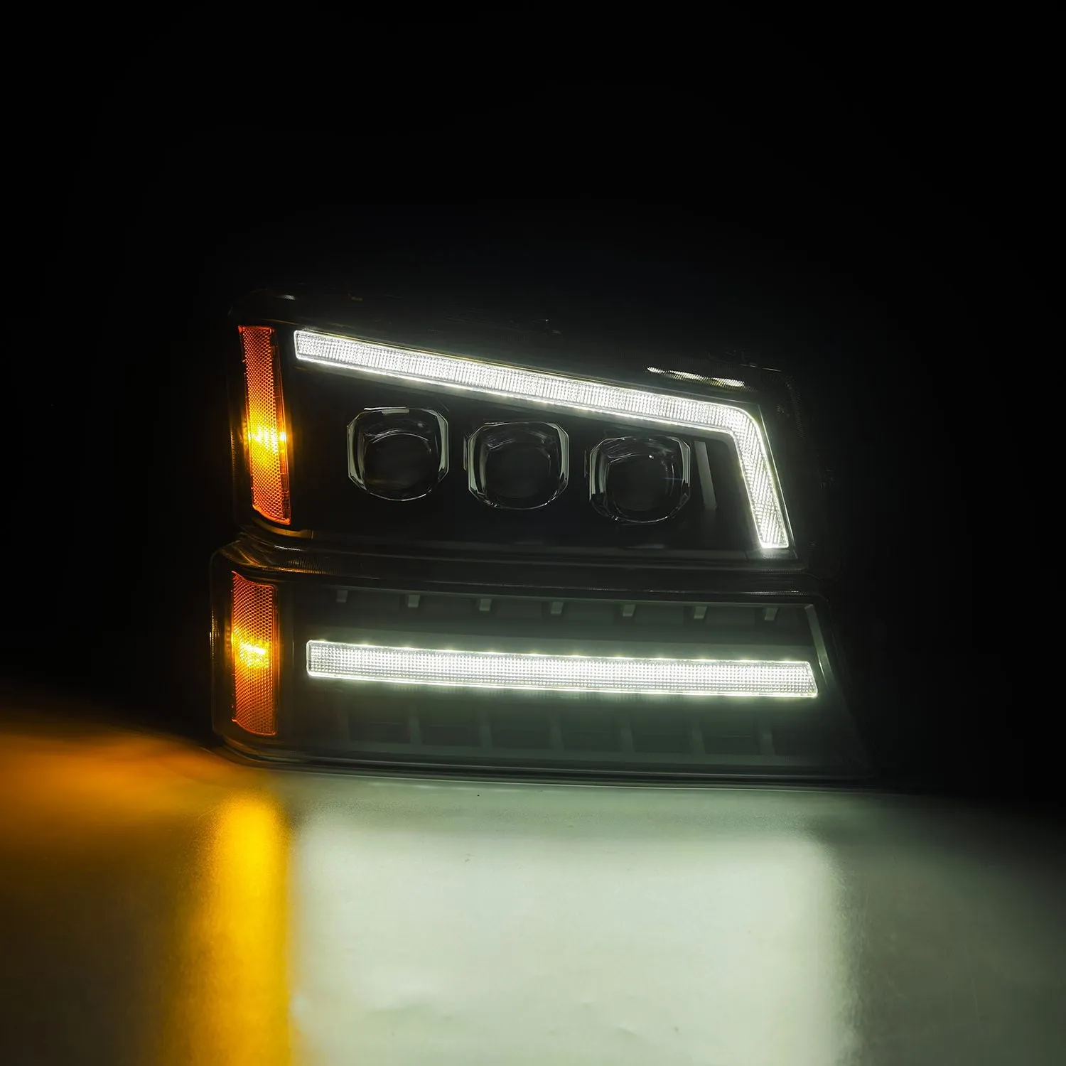 AlphaRex LED Projector Headlights Chevy Silverado w/o Body Cladding (03-06) [3D Ice-Cube LED - NOVA Series w/ DRL] Alpha-Black / Chrome / Black