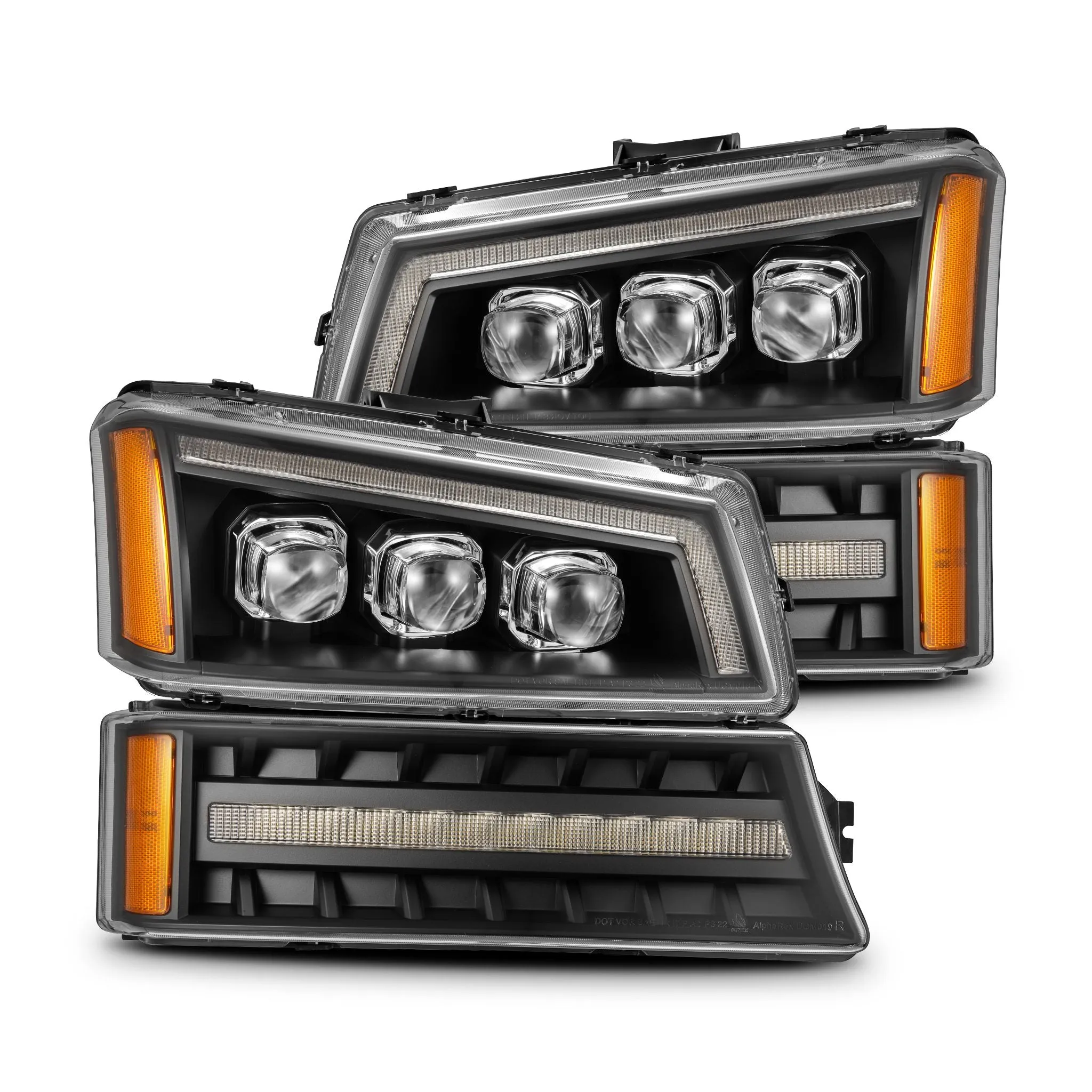 AlphaRex LED Projector Headlights Chevy Silverado w/o Body Cladding (03-06) [3D Ice-Cube LED - NOVA Series w/ DRL] Alpha-Black / Chrome / Black