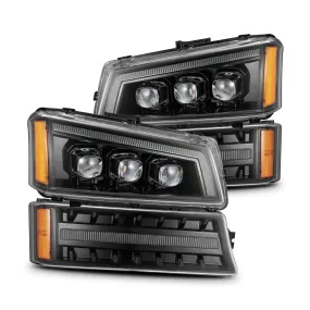 AlphaRex LED Projector Headlights Chevy Silverado w/o Body Cladding (03-06) [3D Ice-Cube LED - NOVA Series w/ DRL] Alpha-Black / Chrome / Black