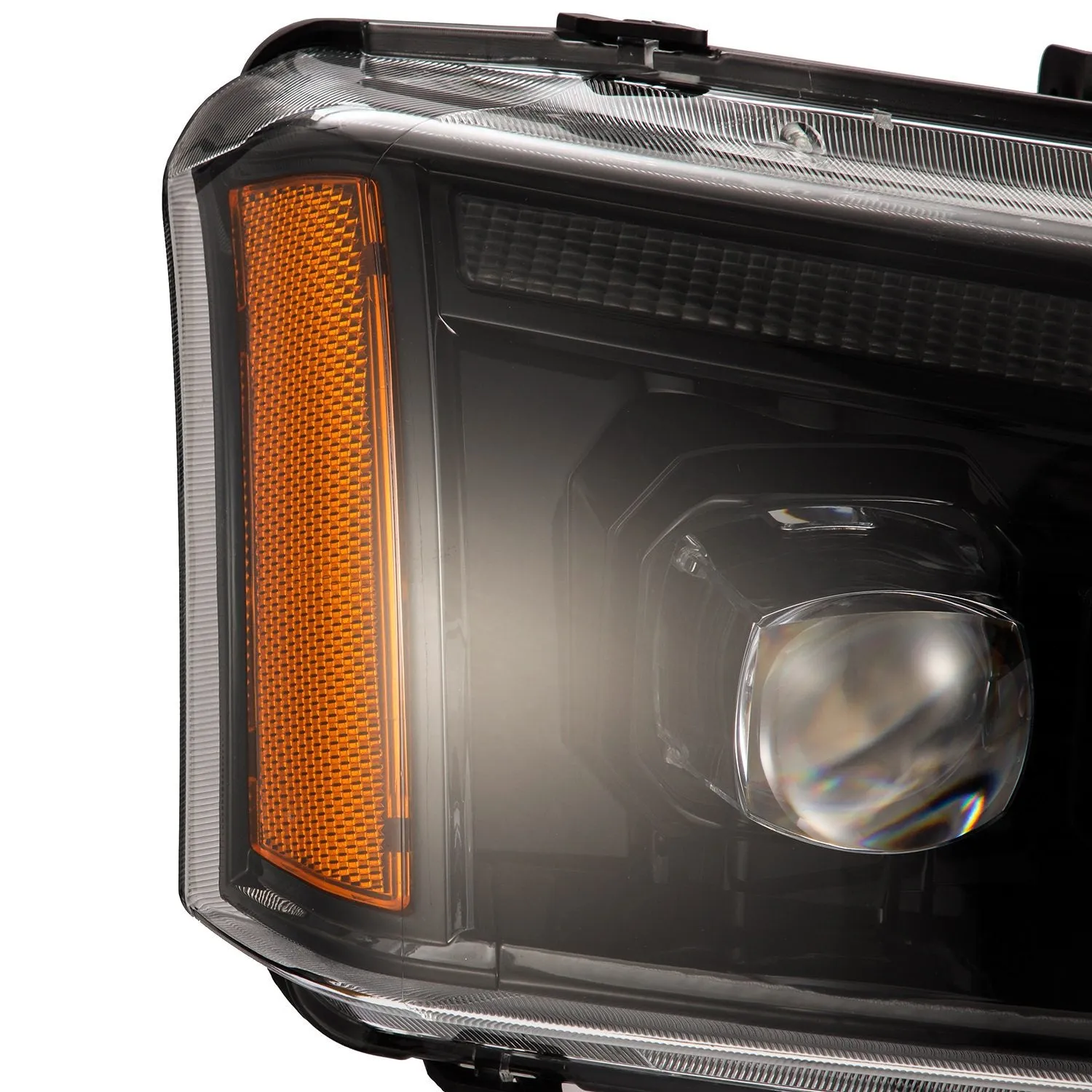 AlphaRex LED Projector Headlights Chevy Silverado w/o Body Cladding (03-06) [3D Ice-Cube LED - NOVA Series w/ DRL] Alpha-Black / Chrome / Black