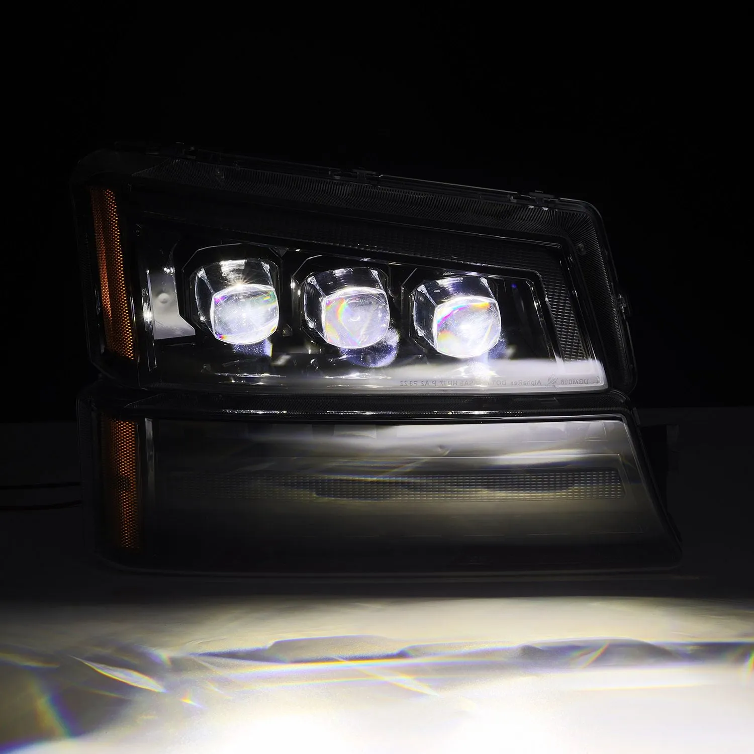 AlphaRex LED Projector Headlights Chevy Silverado w/o Body Cladding (03-06) [3D Ice-Cube LED - NOVA Series w/ DRL] Alpha-Black / Chrome / Black