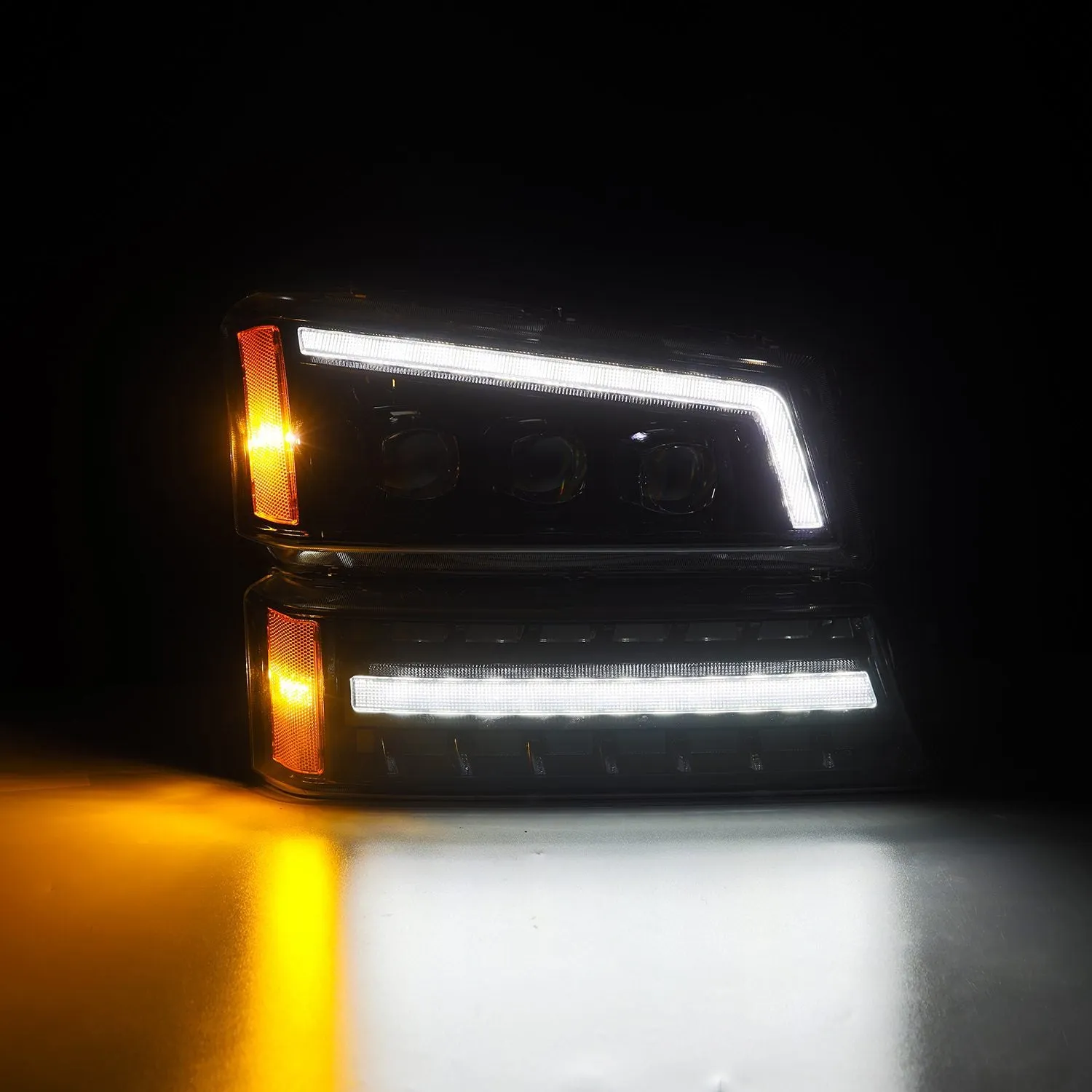AlphaRex LED Projector Headlights Chevy Silverado w/o Body Cladding (03-06) [3D Ice-Cube LED - NOVA Series w/ DRL] Alpha-Black / Chrome / Black