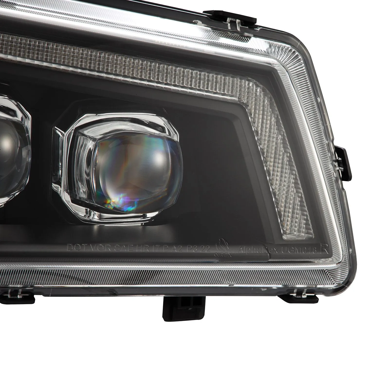 AlphaRex LED Projector Headlights Chevy Silverado w/o Body Cladding (03-06) [3D Ice-Cube LED - NOVA Series w/ DRL] Alpha-Black / Chrome / Black