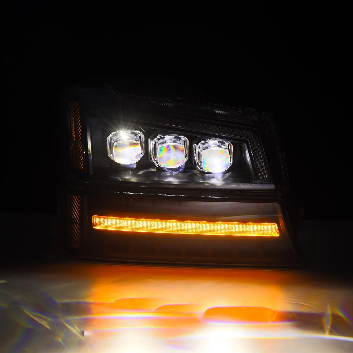 AlphaRex LED Projector Headlights Chevy Silverado w/o Body Cladding (03-06) [3D Ice-Cube LED - NOVA Series w/ DRL] Alpha-Black / Chrome / Black