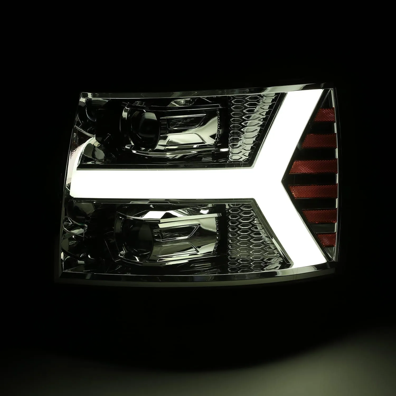 AlphaRex Projector Headlights Chevy Silverado (07-13) LED LUXX Series w/ Sequential Turn Signal - Chrome / Jet Black