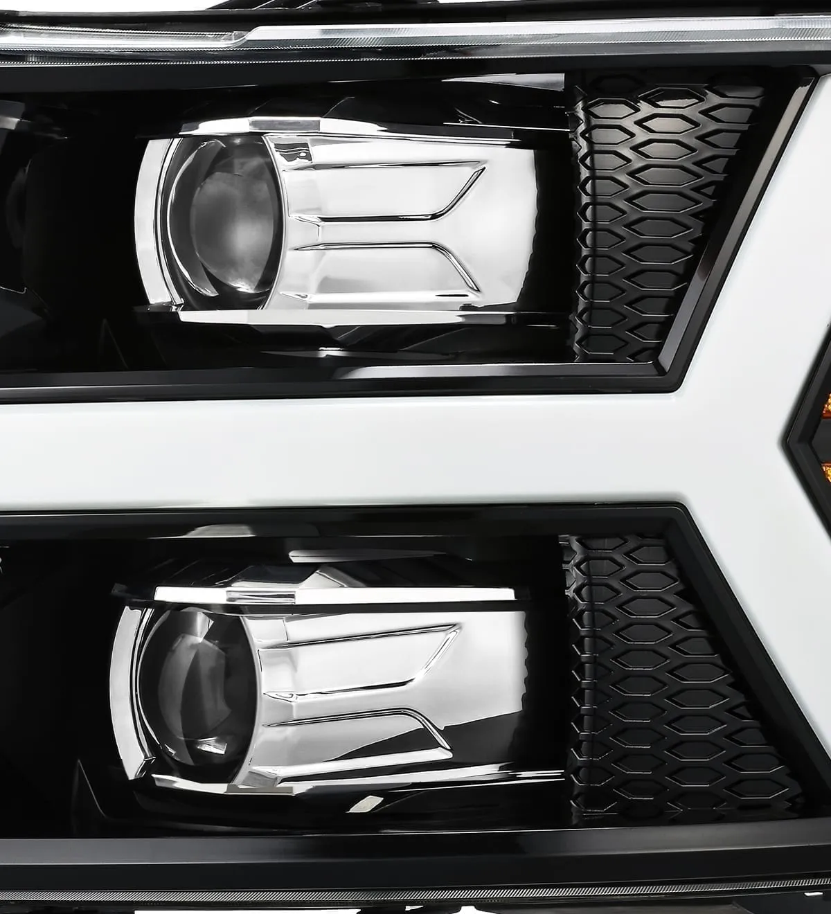 AlphaRex Projector Headlights Chevy Silverado (07-13) LED LUXX Series w/ Sequential Turn Signal - Chrome / Jet Black