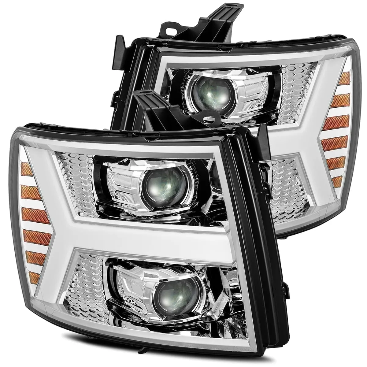 AlphaRex Projector Headlights Chevy Silverado (07-13) LED LUXX Series w/ Sequential Turn Signal - Chrome / Jet Black