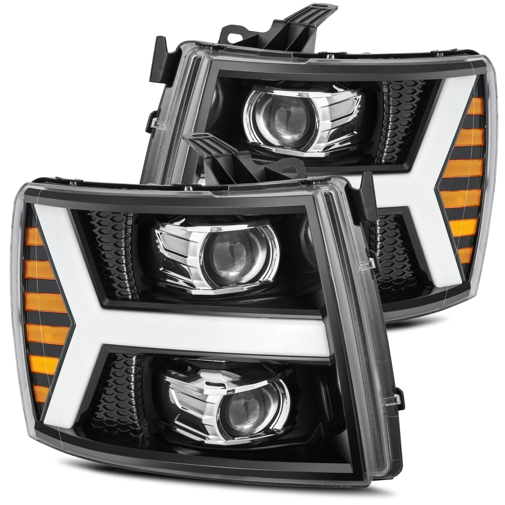 AlphaRex Projector Headlights Chevy Silverado (07-13) LED LUXX Series w/ Sequential Turn Signal - Chrome / Jet Black