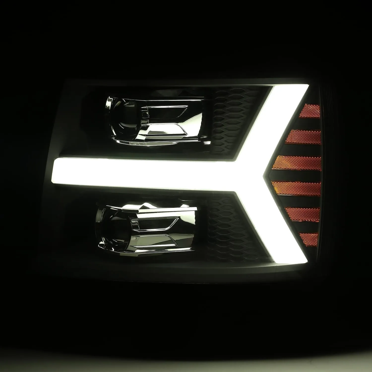 AlphaRex Projector Headlights Chevy Silverado (07-13) LED LUXX Series w/ Sequential Turn Signal - Chrome / Jet Black
