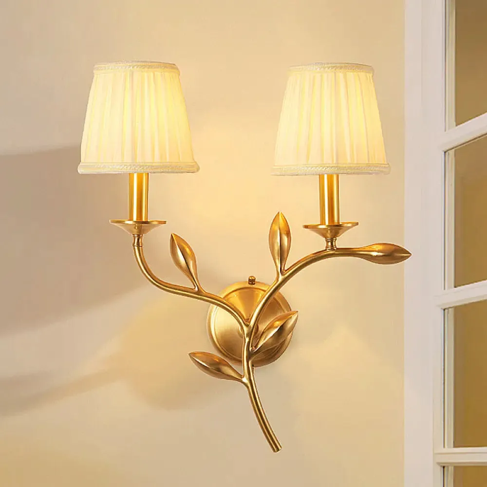 American Rustic Fabric Wall Sconce with Brass Pleated Shade for Living Room Lighting