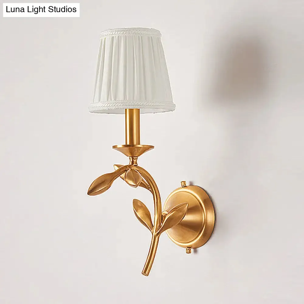 American Rustic Fabric Wall Sconce with Brass Pleated Shade for Living Room Lighting