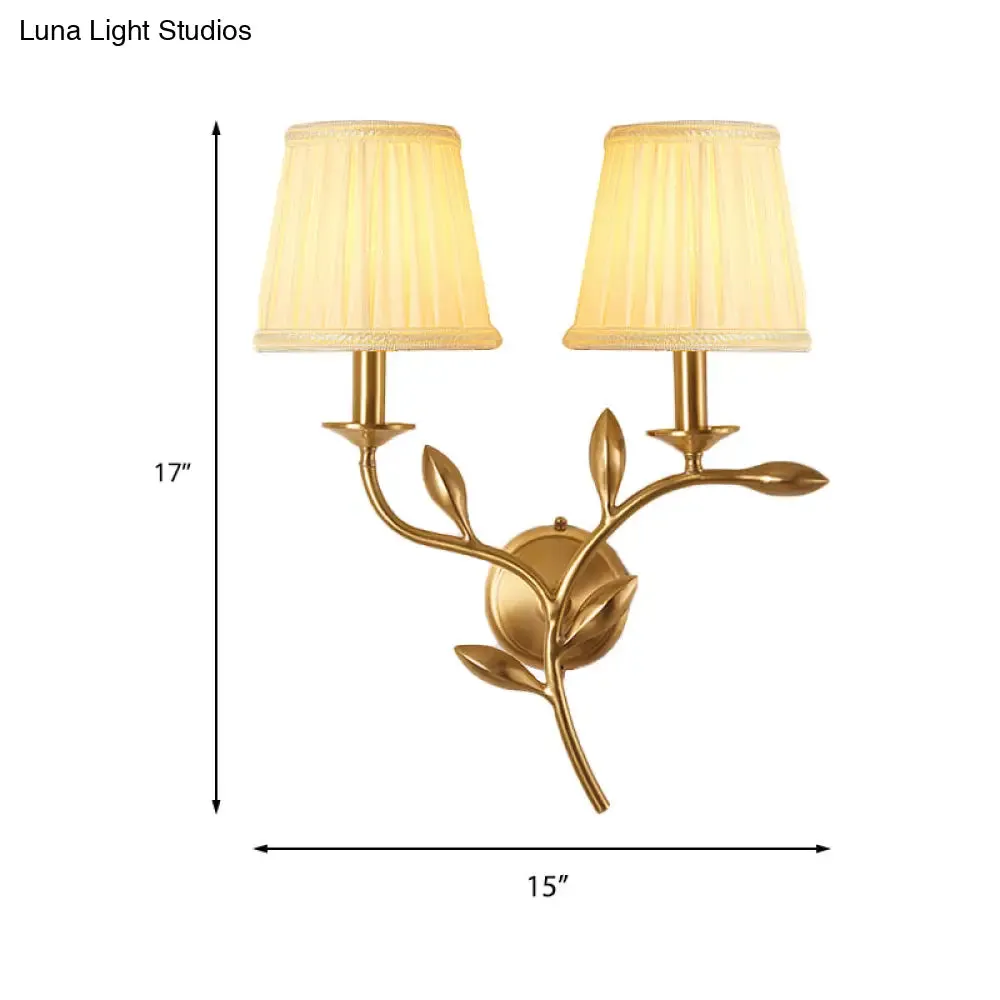 American Rustic Fabric Wall Sconce with Brass Pleated Shade for Living Room Lighting