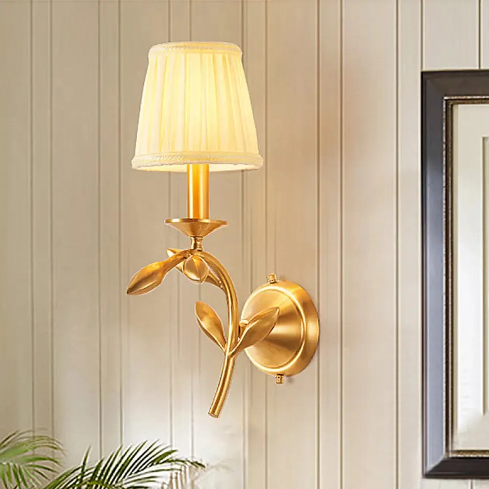 American Rustic Fabric Wall Sconce with Brass Pleated Shade for Living Room Lighting