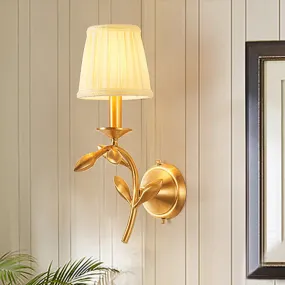 American Rustic Fabric Wall Sconce with Brass Pleated Shade for Living Room Lighting