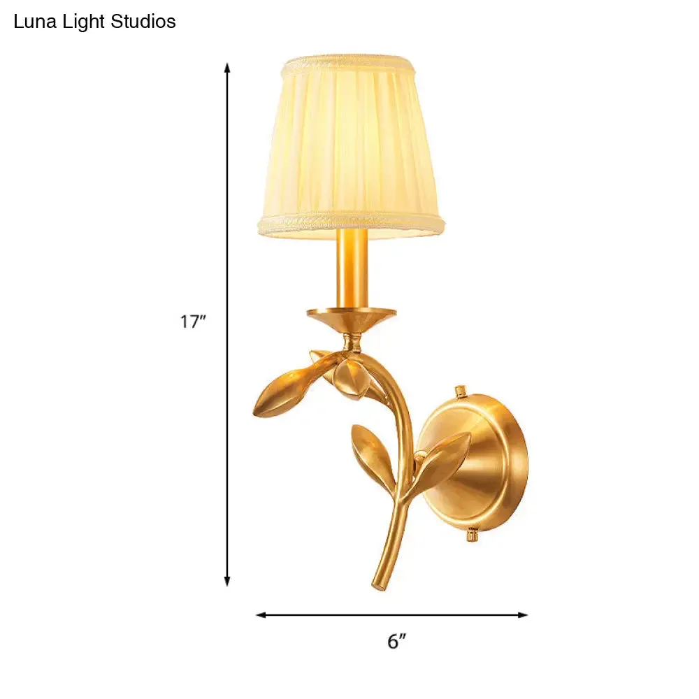 American Rustic Fabric Wall Sconce with Brass Pleated Shade for Living Room Lighting