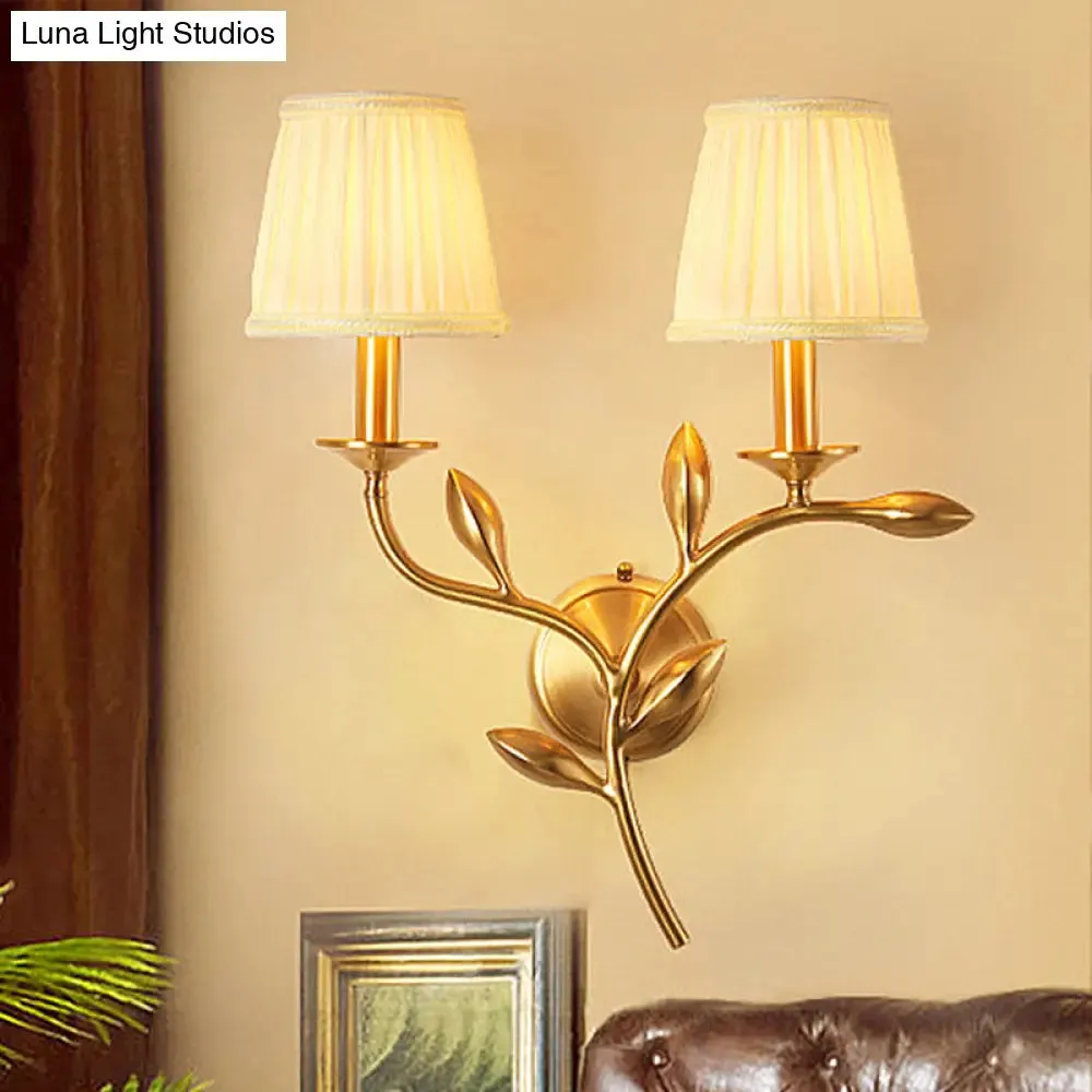 American Rustic Fabric Wall Sconce with Brass Pleated Shade for Living Room Lighting
