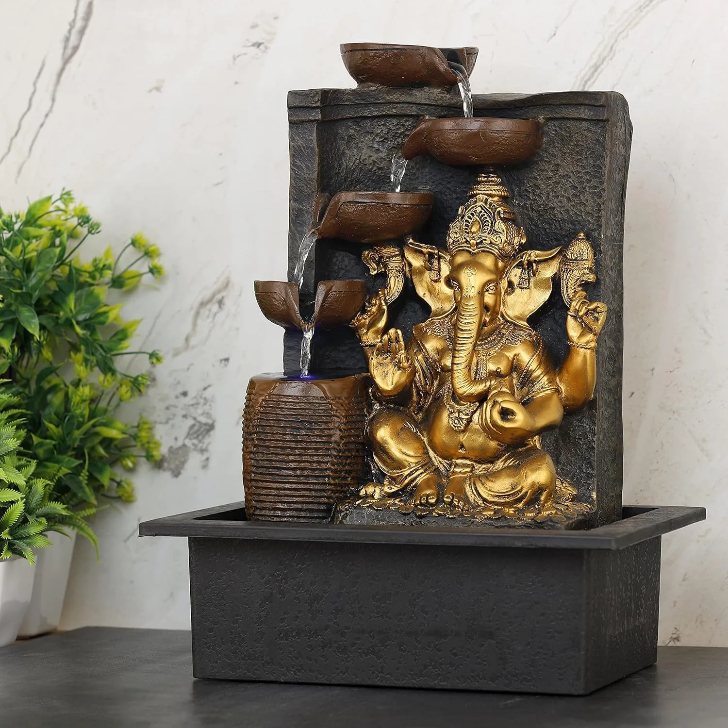 ANAVADYA Polyresin Table Top Indoor Outdoor Water Fountain with Multicolour Lights for Home Decor Showpiece Gift | Ganesha 5-Steps Indoor Table Top Fountain with LED Lights (31 X 23 X 40 Cm)