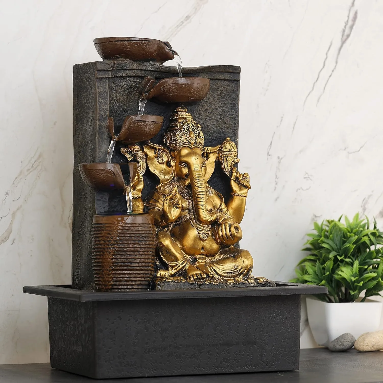 ANAVADYA Polyresin Table Top Indoor Outdoor Water Fountain with Multicolour Lights for Home Decor Showpiece Gift | Ganesha 5-Steps Indoor Table Top Fountain with LED Lights (31 X 23 X 40 Cm)